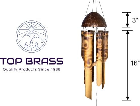 Large 39” Bamboo Windchime with Rustic Tropical Coconut Topper – Jumbo Thick Chimes with Ornate Spiral Pattern – Hanging Outdoor Garden Porch Décor – Deep Relaxing Calming Tones