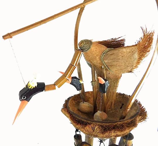 WorldBazzar Hand Carved Large Beautiful Bamboo Wood Bobbing GOONIE with Babies NEST Bird Wind Chime, Brown,red, Yellow, Balck, White