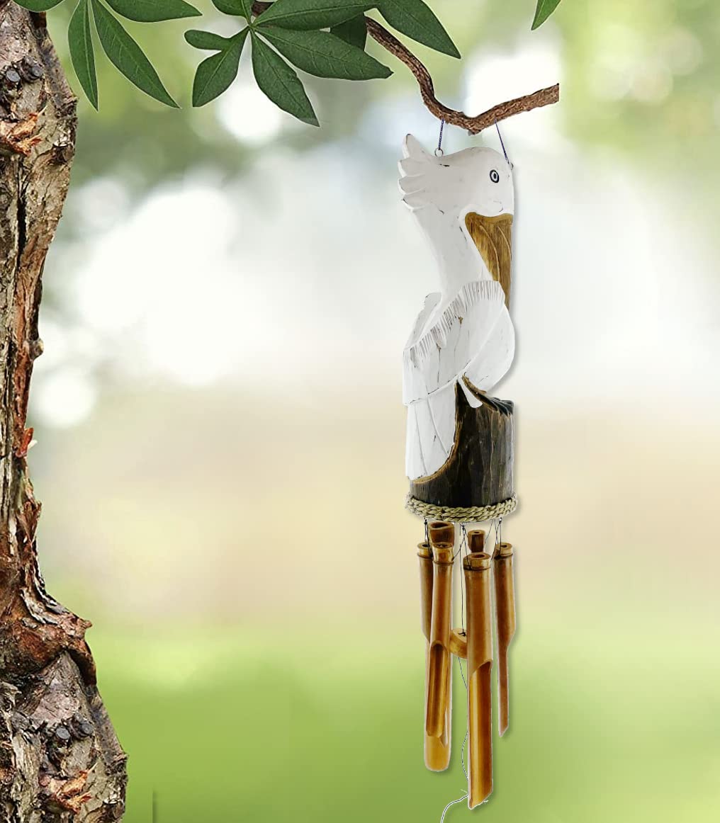 Pelican Windchime - Hand Carved Wood and Bamboo - Coastal Nautical Patio Décor Outdoor Wind Chime