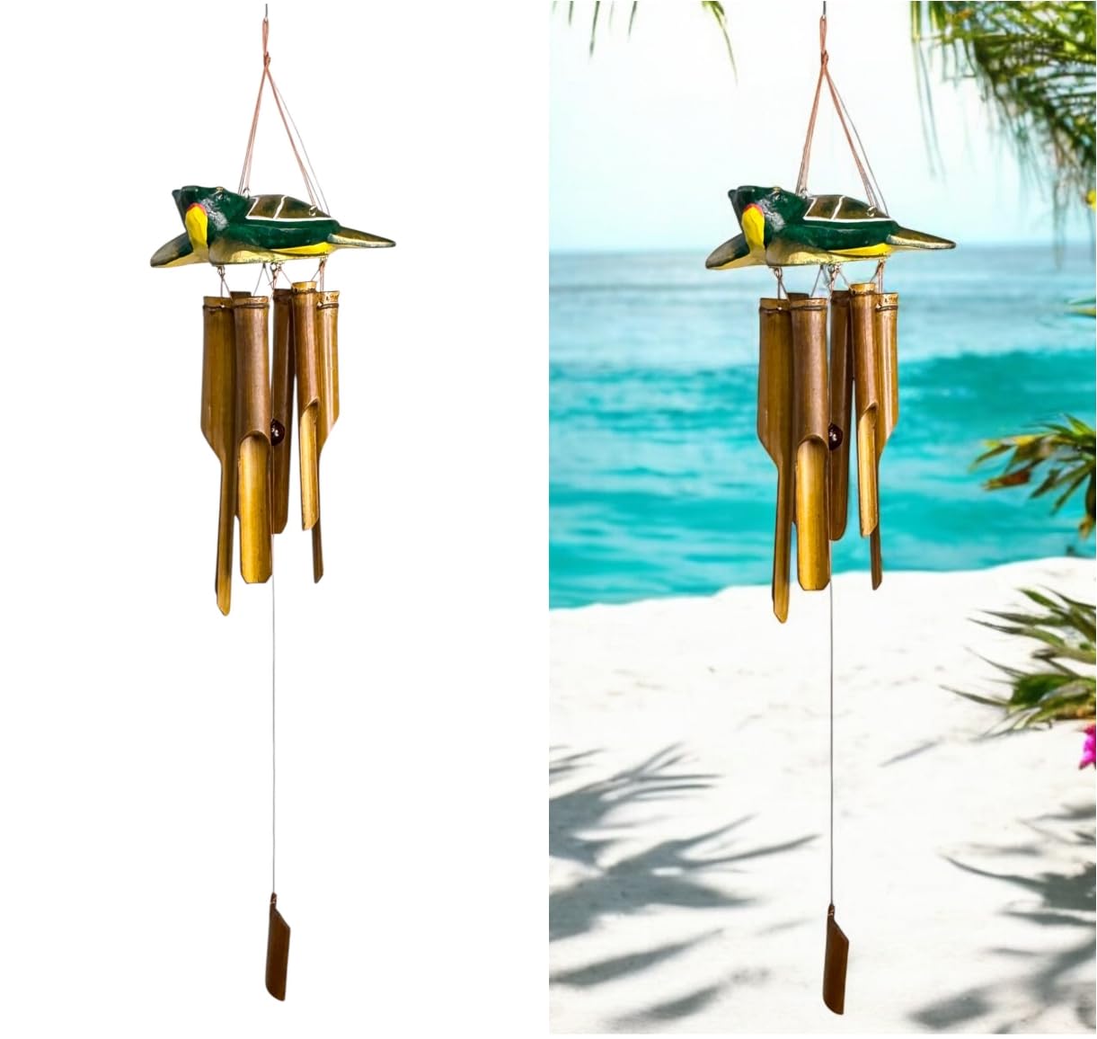Whimsical Sea Turtle Bamboo and Wood Windchime – Outdoor Decorative Wind Chime – Funky Green Turtle Topper – Natural Calming Relaxing Sound