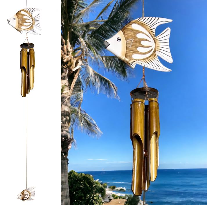 Tropical Fish Windchime – Bamboo & Wood Hanging Outdoor Garden Décor – Relaxing Calming Deep Tones