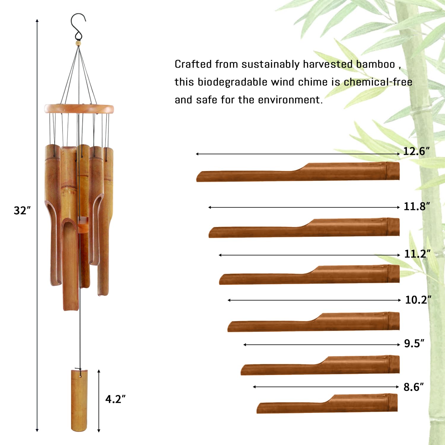 Bamboo Wind Chimes for Outside,Wooden Wind Chimes with Melody Soothing Tone,32" Classic Zen Bamboo Windchime for Porch Patio Garden or Indoor(Dark Brown)
