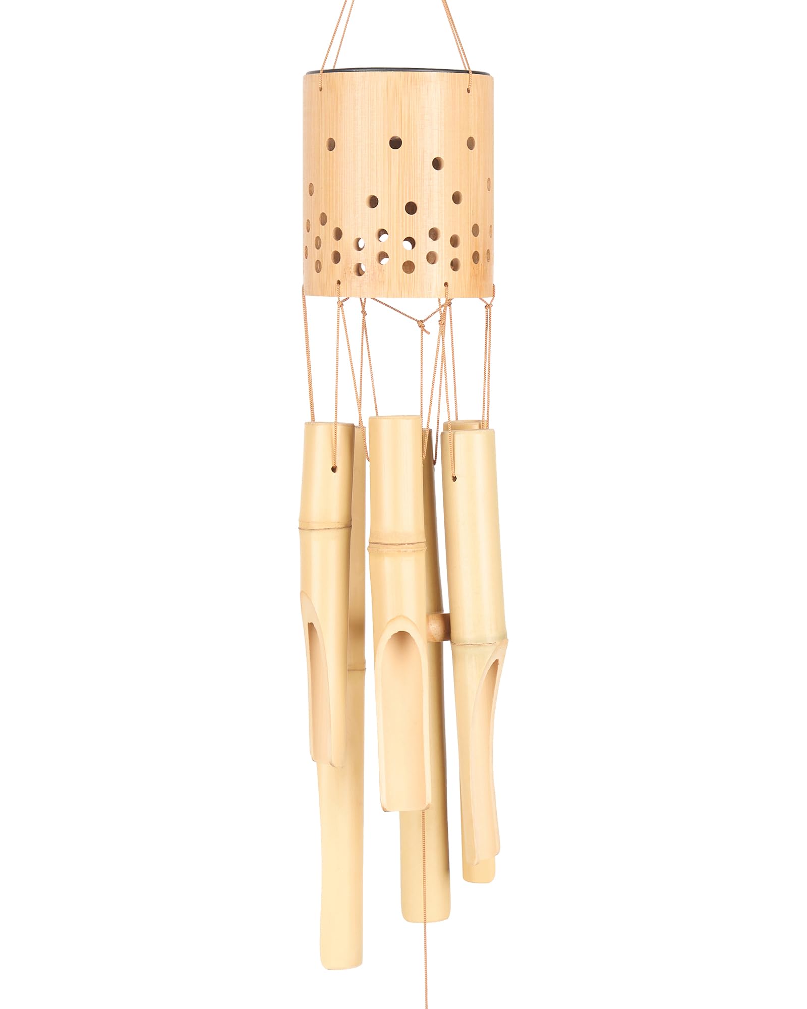 Bamboo Wind Chimes for Outside with Solar Accent Light, Outdoor Wooden Wind Chimes, 6 Bamboo Tubes, Deep Tone, Perfect for Patio, Garden, Porch, and Balcony Decor