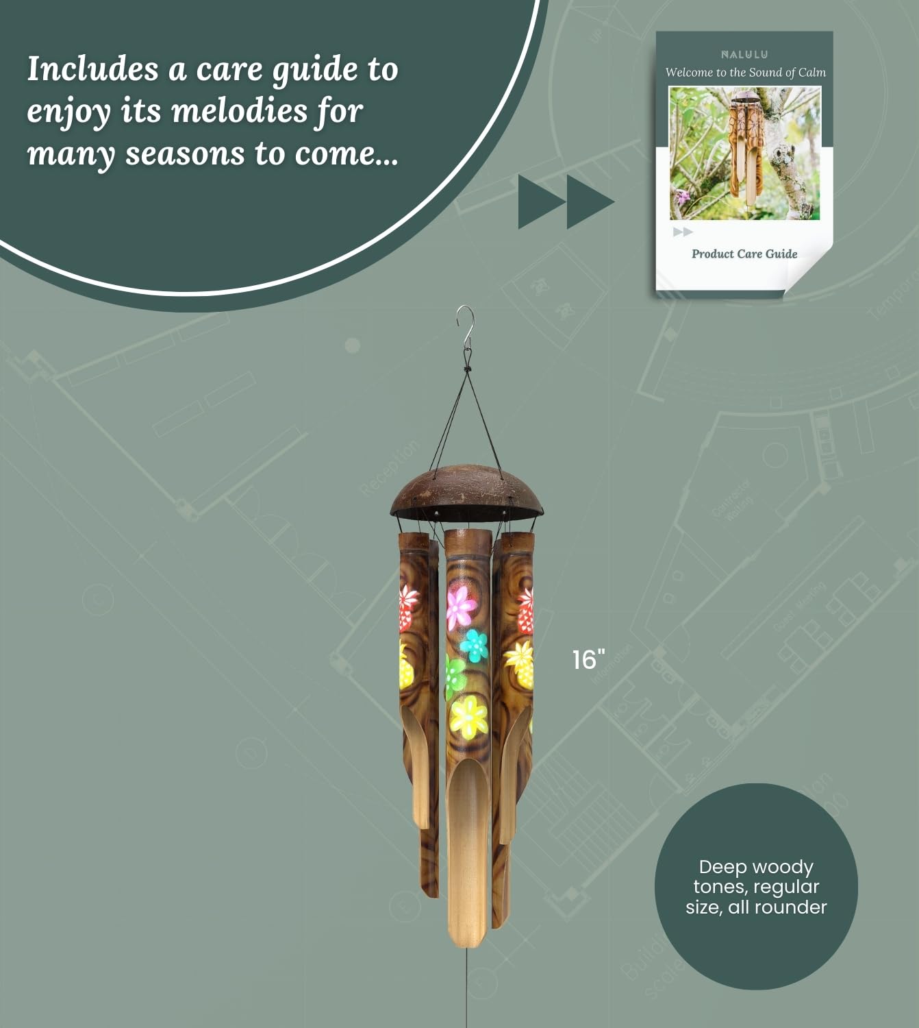Nalulu Piney Bamboo Wind Chimes - Outdoor Wood Wooden Windchimes, Tropical Design with Coconut Crown, Handcrafted with Calming Deep Tones, Ideal Home Decor or Gift for Any Occasion