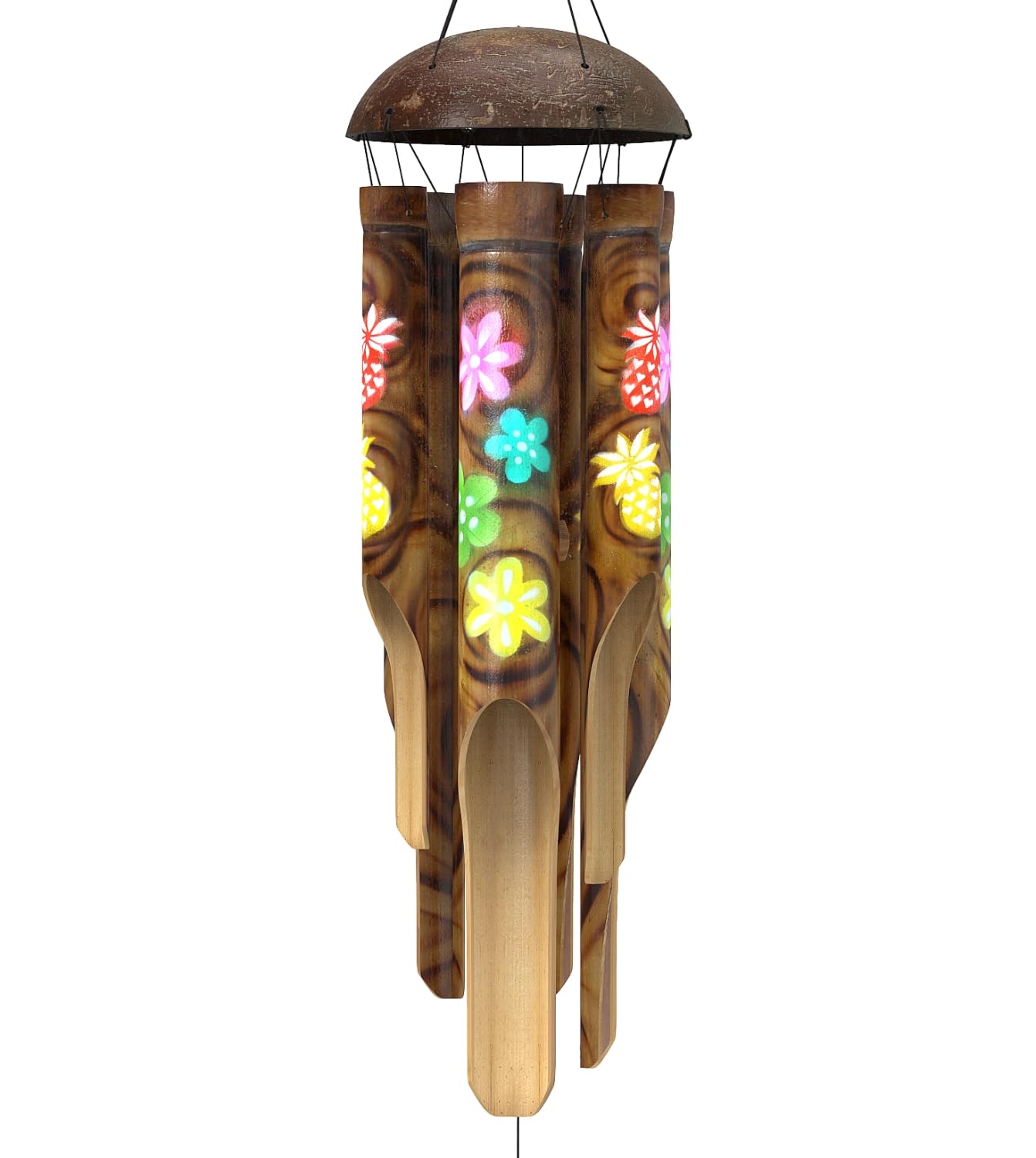 Nalulu Piney Bamboo Wind Chimes - Outdoor Wood Wooden Windchimes, Tropical Design with Coconut Crown, Handcrafted with Calming Deep Tones, Ideal Home Decor or Gift for Any Occasion