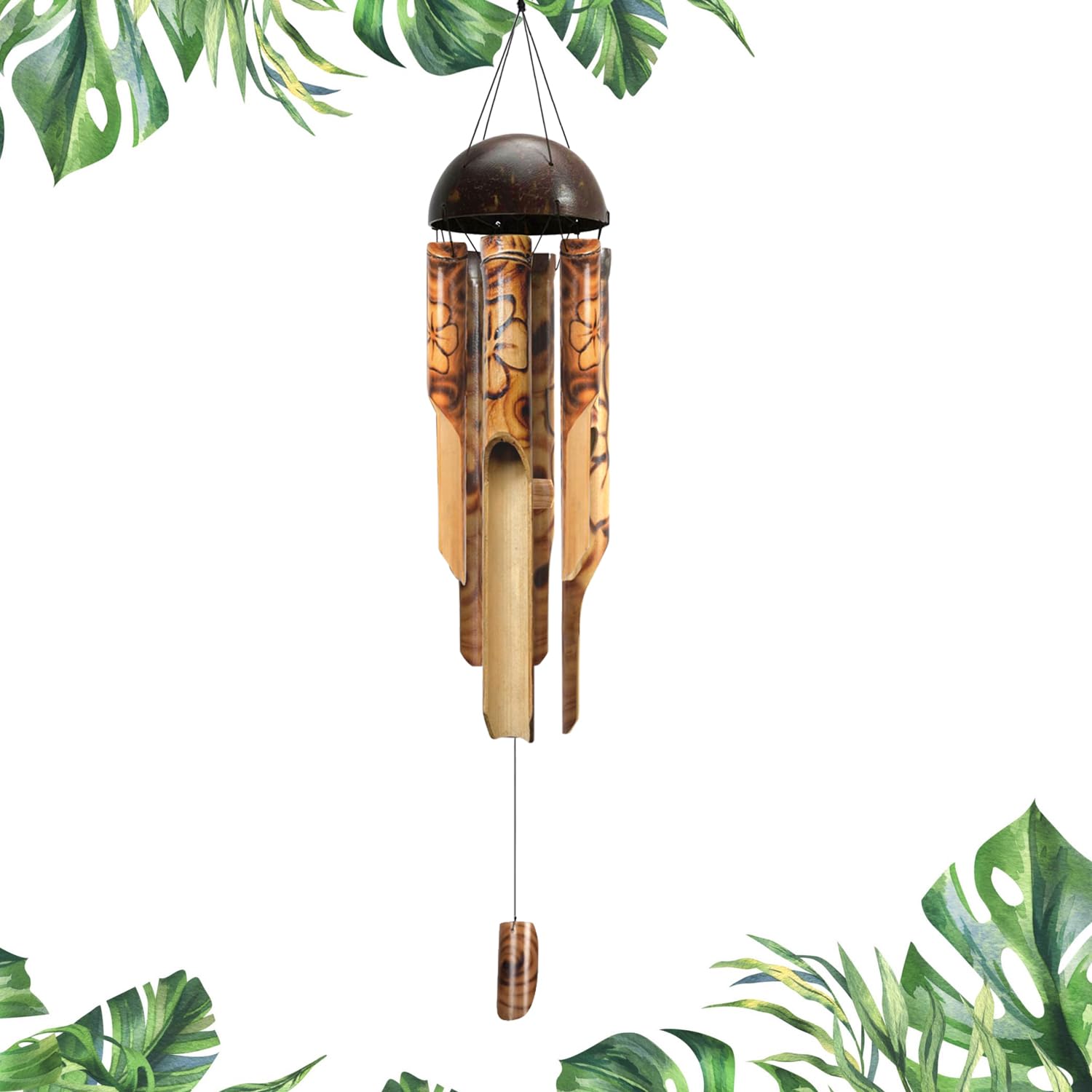 ASTARIN Bamboo Wind Chimes for Outside,Handcrafted Wooden Wind Chimes for Outside with Coconut Crown, Floral Burned Design Bamboo Windchimes for Garden,Yard,Home(35 Inch)