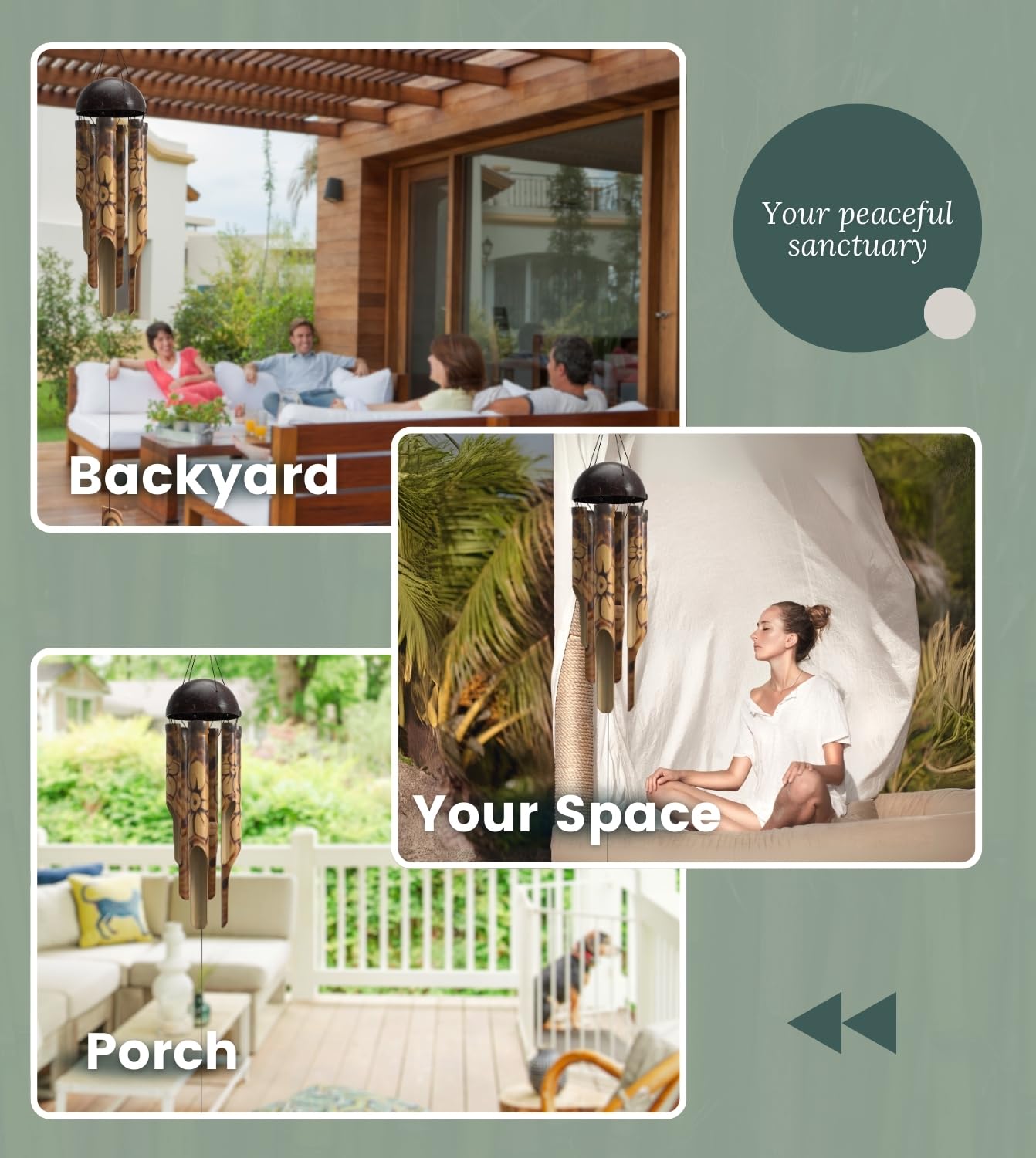 Nalulu Rustic Bamboo Wind Chimes - Outside Outdoor Wooden Windchimes, Small, Floral Burned Design with Coconut Crown, Handcrafted with Calming Deep Tones, Home Decor Ideal Gift for Him & Her