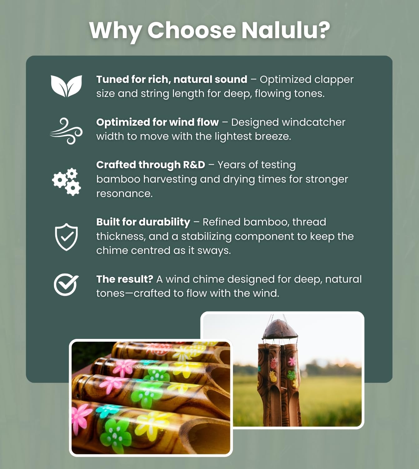 Nalulu Piney Bamboo Wind Chimes - Outdoor Wood Wooden Windchimes, Tropical Design with Coconut Crown, Handcrafted with Calming Deep Tones, Ideal Home Decor or Gift for Any Occasion