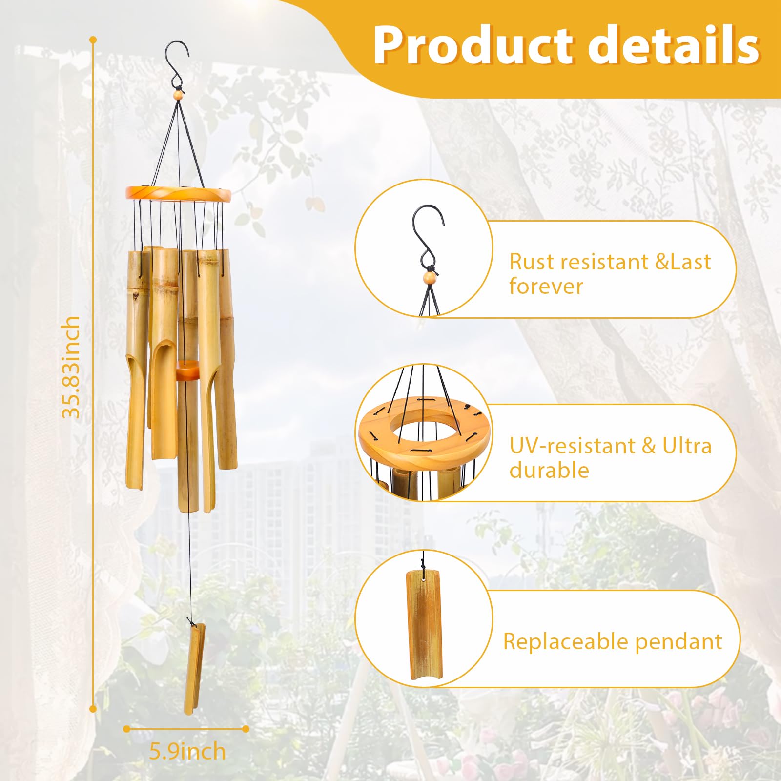 MUMTOP Bamboo Wind Chimes for Outside-Wooden Wind Chime - 31 Inch Bamboo Chimes for Outdoors,Patio,Garden,Yard,Home,Tree Decor