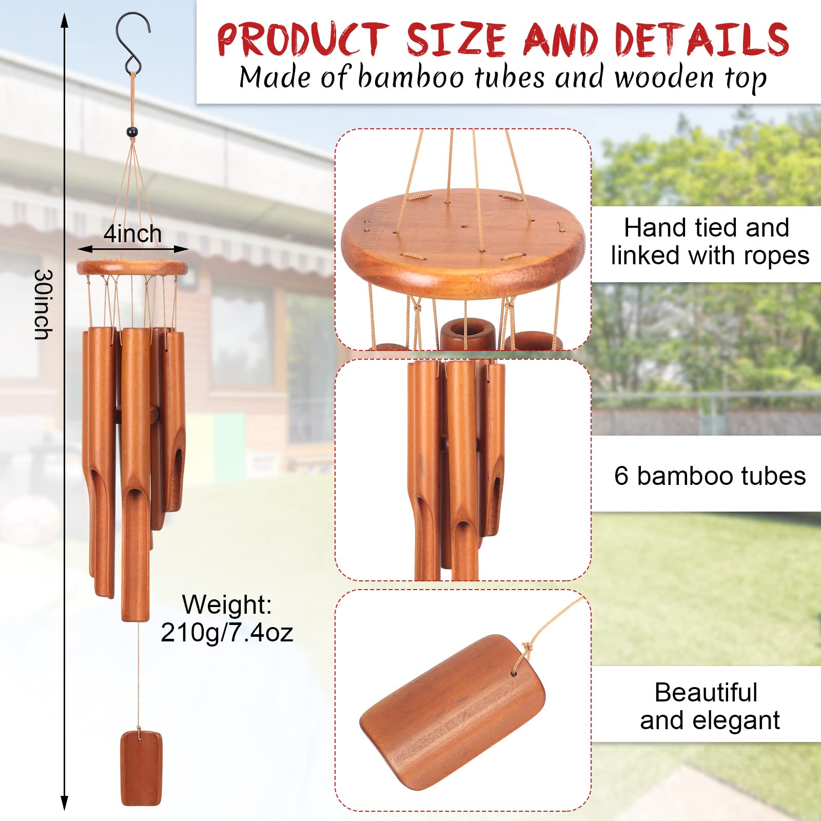 Vinsot 2 Pieces Bamboo Wind Chimes for Outside 30 Inches Wooden Classic Zen Rustic Chimes Deep Tone with Wind Catcher for Relaxation Patio Garden Indoor (Classic Bamboo)