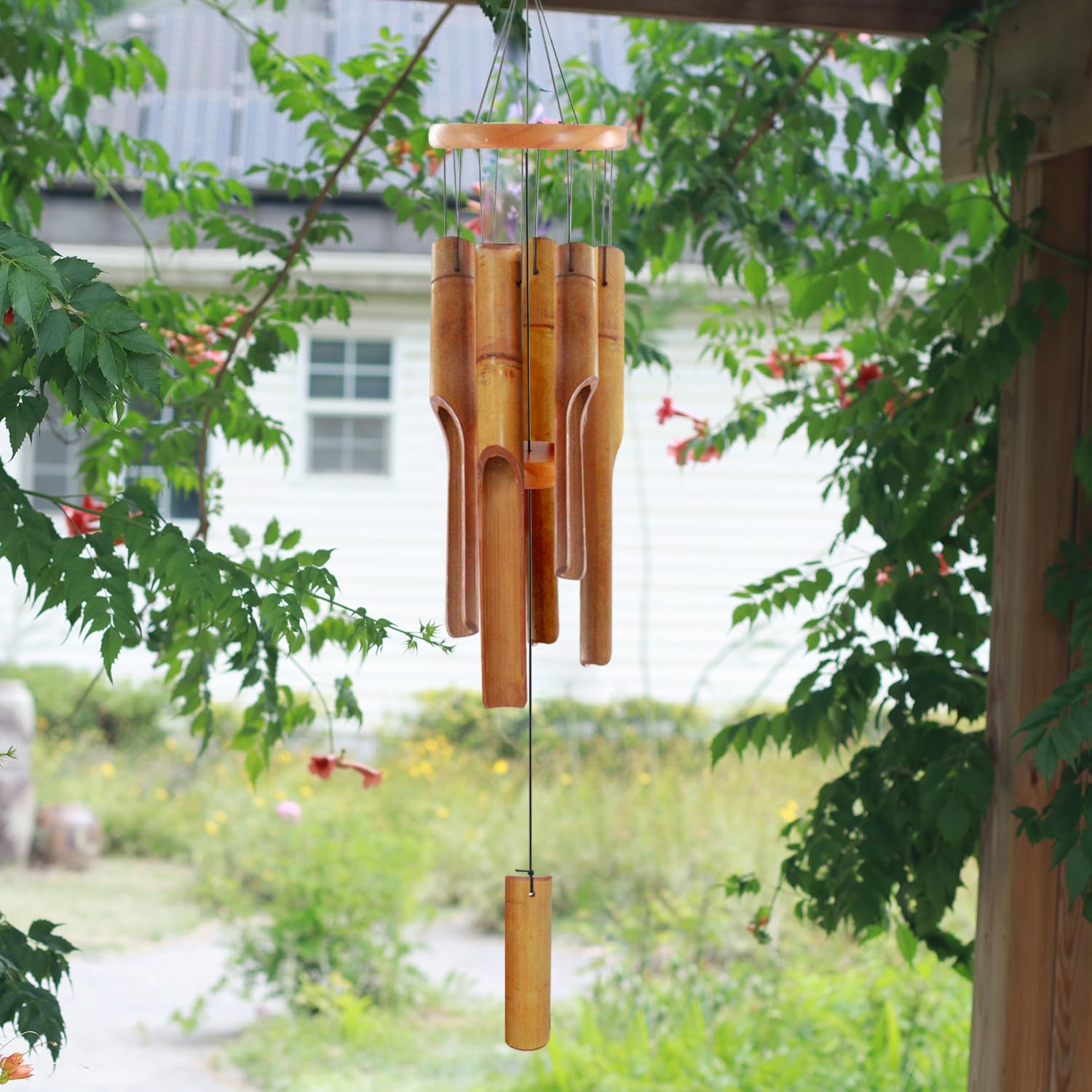 Bamboo Wind Chimes for Outside,Wooden Wind Chimes with Melody Soothing Tone,32" Classic Zen Bamboo Windchime for Porch Patio Garden or Indoor(Dark Brown)