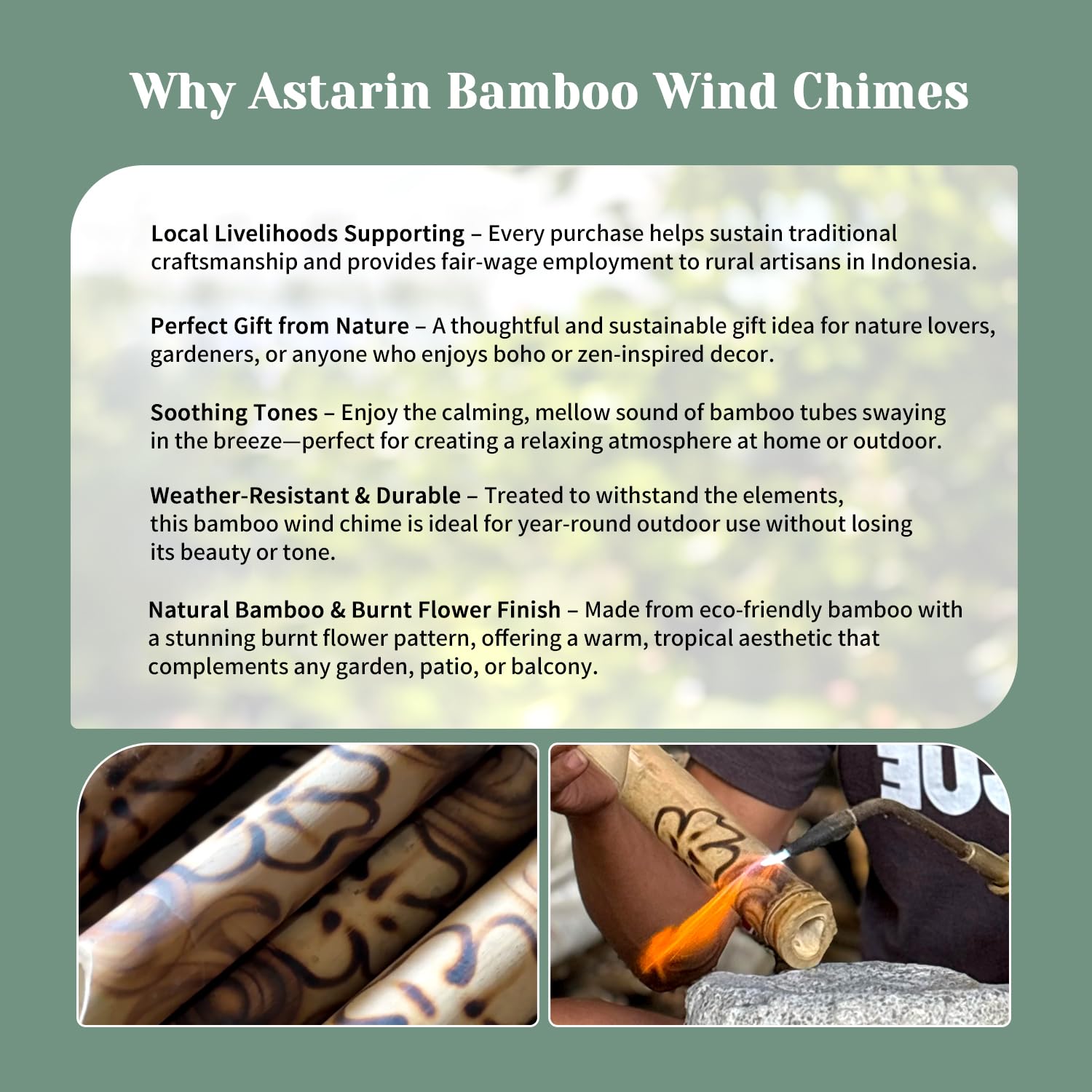 ASTARIN Bamboo Wind Chimes for Outside,Handcrafted Wooden Wind Chimes for Outside with Coconut Crown, Floral Burned Design Bamboo Windchimes for Garden,Yard,Home(35 Inch)