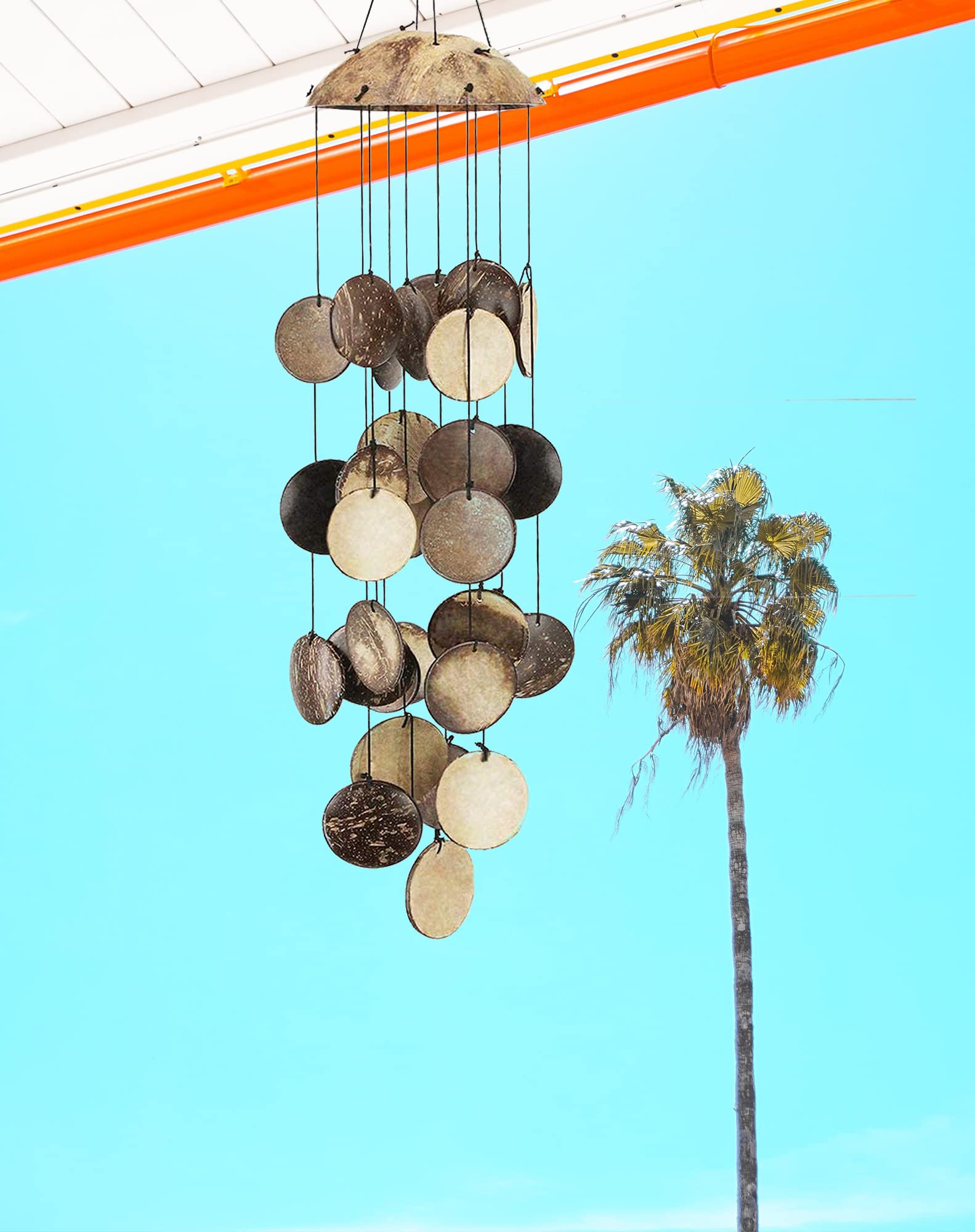 Coconut Shell Wind Chimes Outdoor, Handmade Wooden Wind Chimes Bamboo for Outside, Half Coconut Wood Top, Low Deep Tone Wooden Chimes Outdoor Indoor Home Décor 29 inch