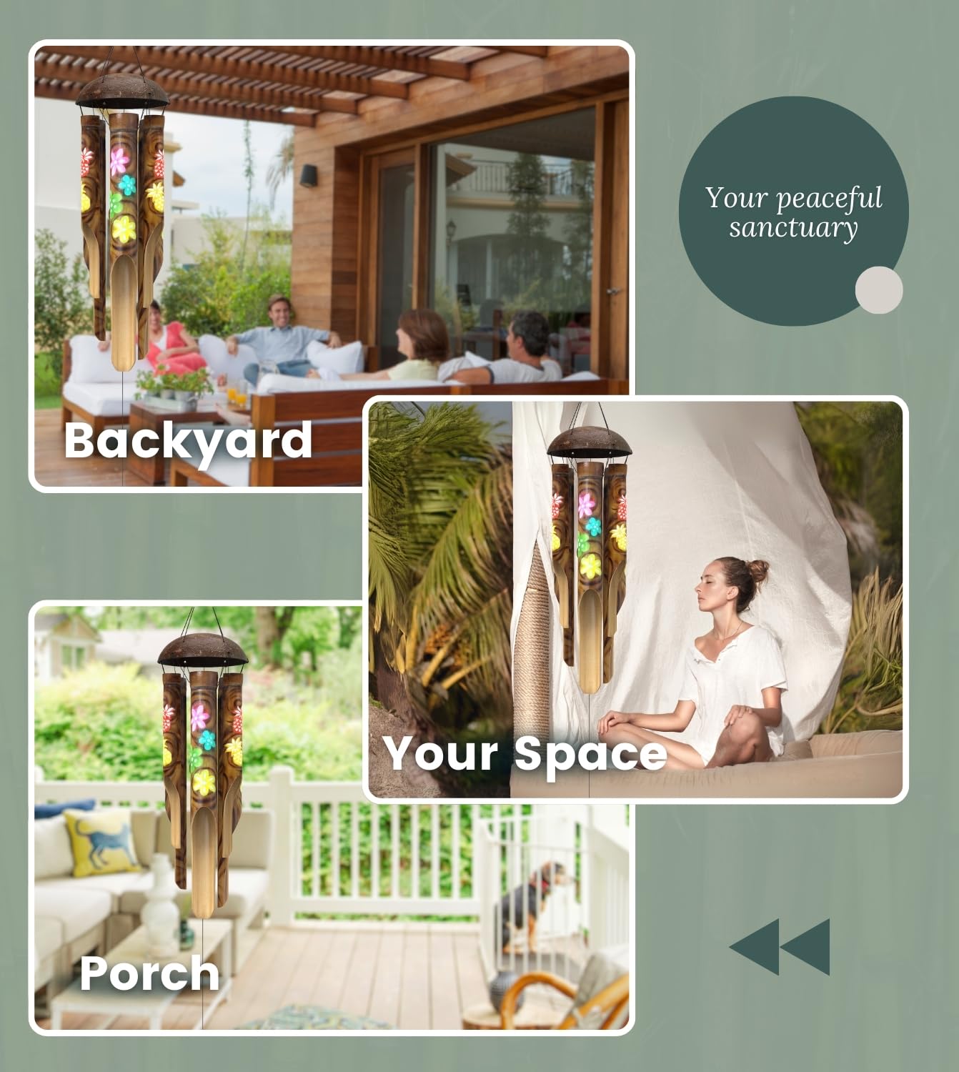 Nalulu Piney Bamboo Wind Chimes - Outdoor Wood Wooden Windchimes, Tropical Design with Coconut Crown, Handcrafted with Calming Deep Tones, Ideal Home Decor or Gift for Any Occasion