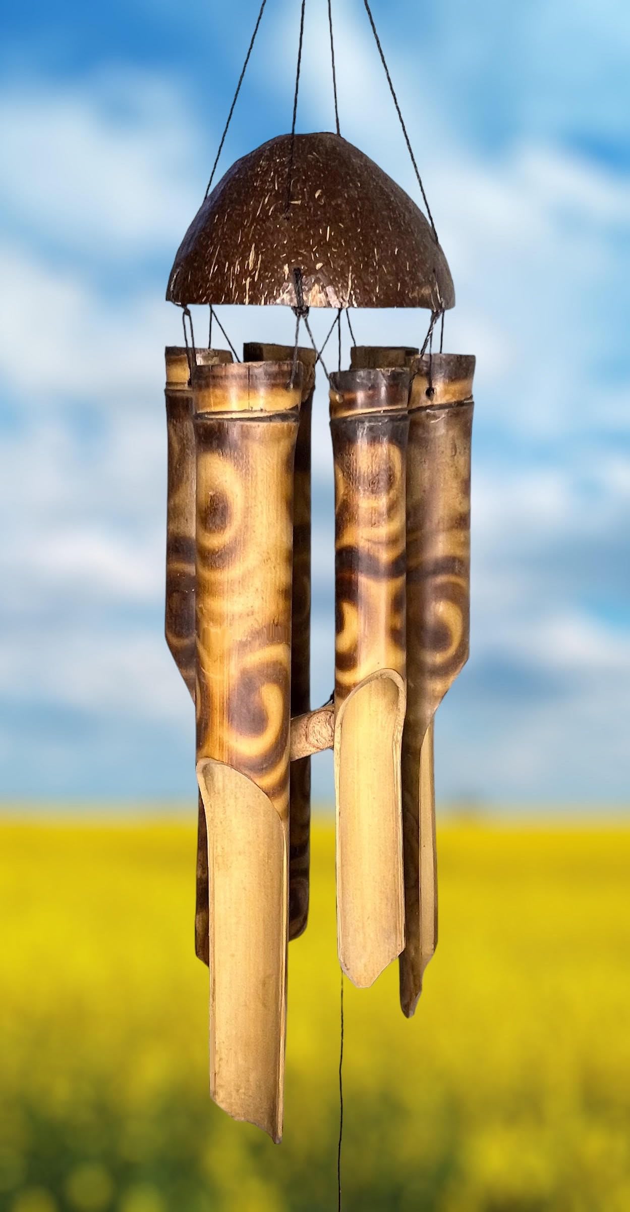Large 39” Bamboo Windchime with Rustic Tropical Coconut Topper – Jumbo Thick Chimes with Ornate Spiral Pattern – Hanging Outdoor Garden Porch Décor – Deep Relaxing Calming Tones