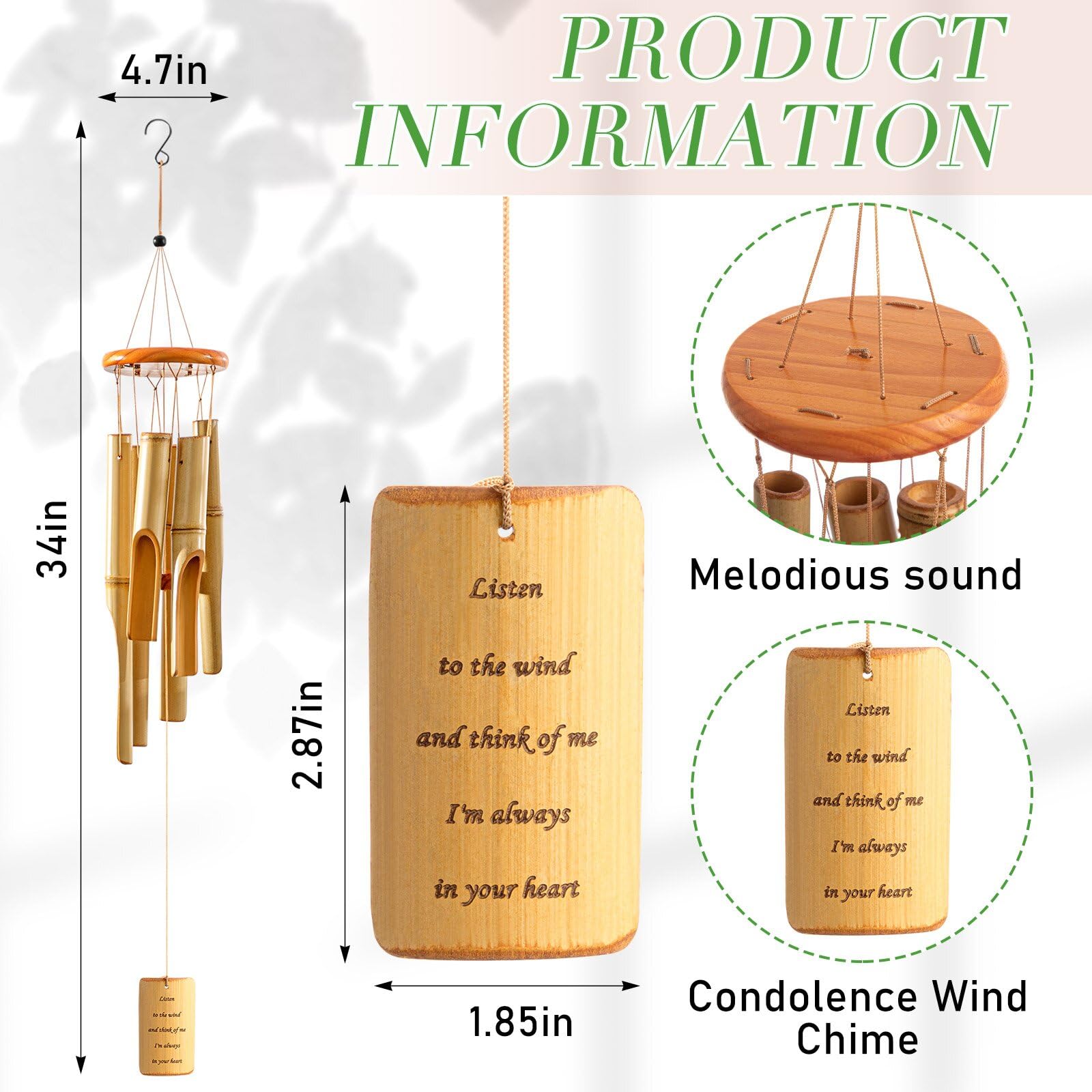 Weysat Bamboo Memorial Sympathy Wind Chimes for Loss of Loved One, Outdoor Wooden Wind Chime with Deep Tone for Patio, Garden, Home or Outdoor