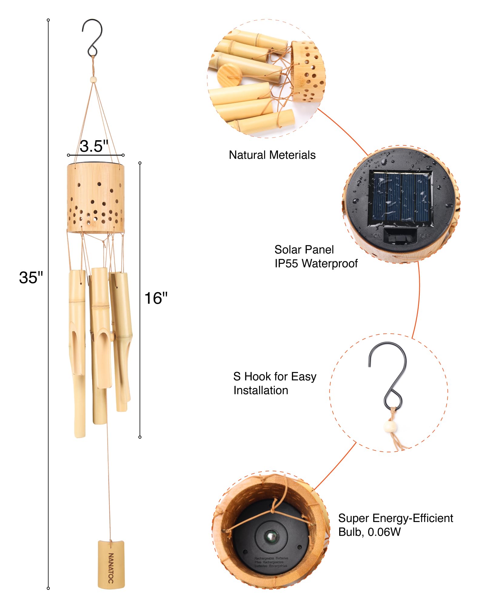Bamboo Wind Chimes for Outside with Solar Accent Light, Outdoor Wooden Wind Chimes, 6 Bamboo Tubes, Deep Tone, Perfect for Patio, Garden, Porch, and Balcony Decor