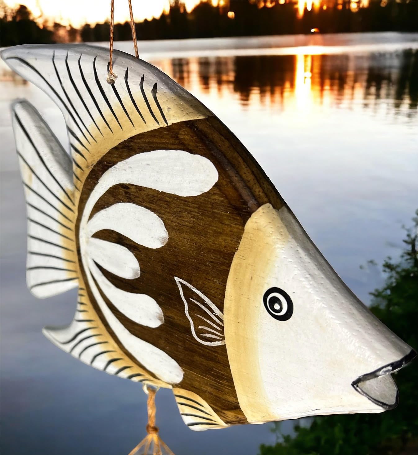 Tropical Fish Windchime – Bamboo & Wood Hanging Outdoor Garden Décor – Relaxing Calming Deep Tones