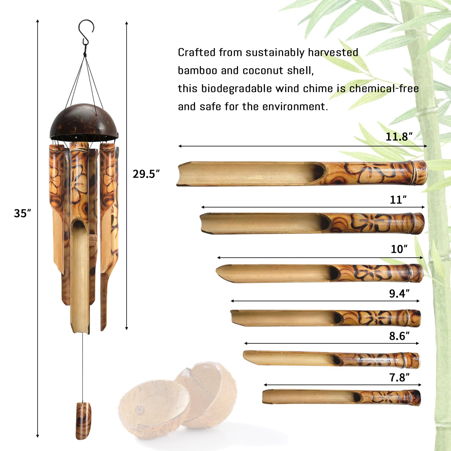 ASTARIN Bamboo Wind Chimes for Outside,Handcrafted Wooden Wind Chimes for Outside with Coconut Crown, Floral Burned Design Bamboo Windchimes for Garden,Yard,Home(35 Inch)