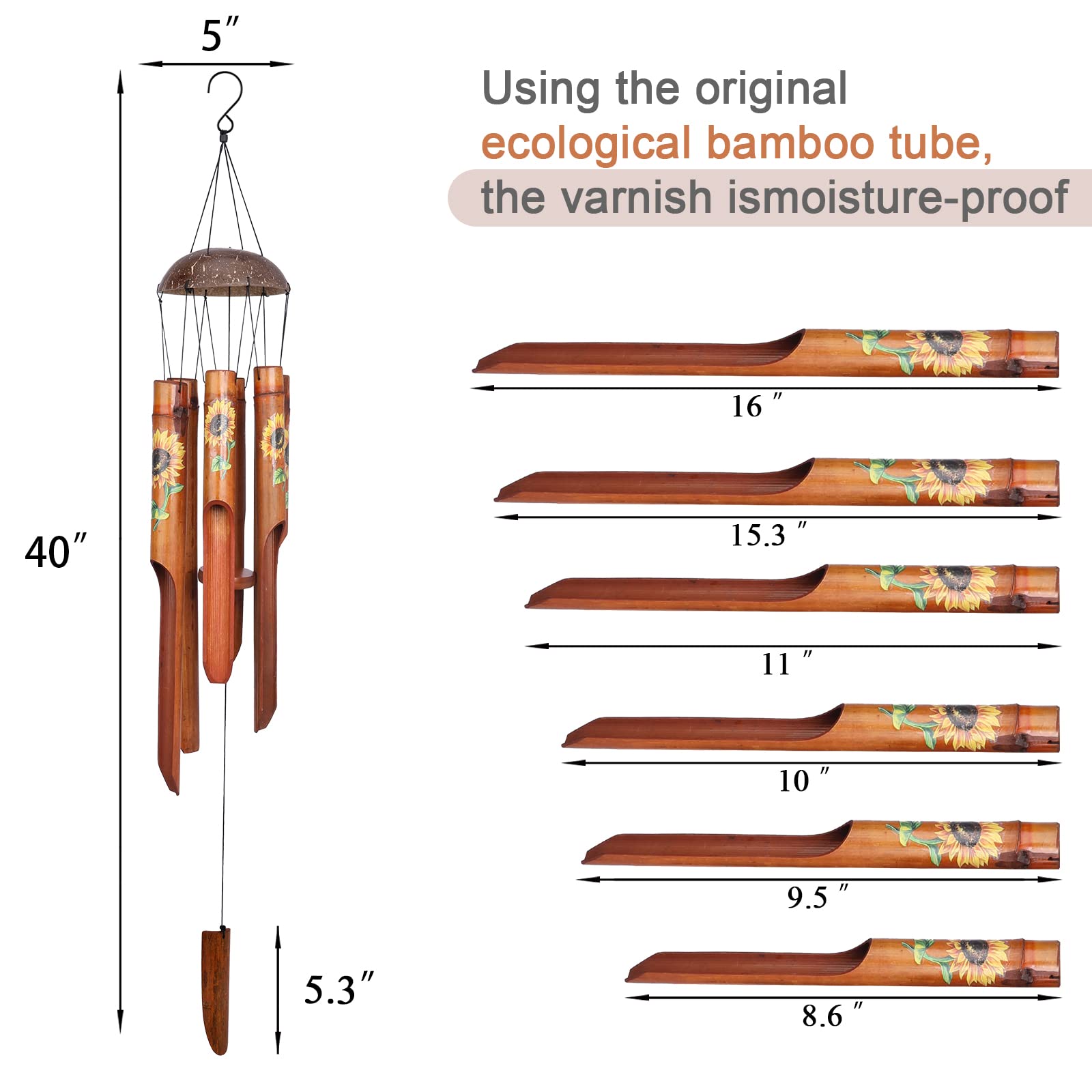 Afirst Bamboo Wind Chimes, Outdoor Wooden Windchimes with Coconut Crown,Sunflower Print Design Handcrafted Memorial Sympathy Gift for Garden, Patio, Home or Outdoor Decor, 38"