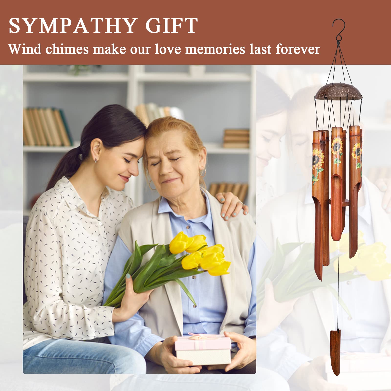 Afirst Bamboo Wind Chimes, Outdoor Wooden Windchimes with Coconut Crown,Sunflower Print Design Handcrafted Memorial Sympathy Gift for Garden, Patio, Home or Outdoor Decor, 38"