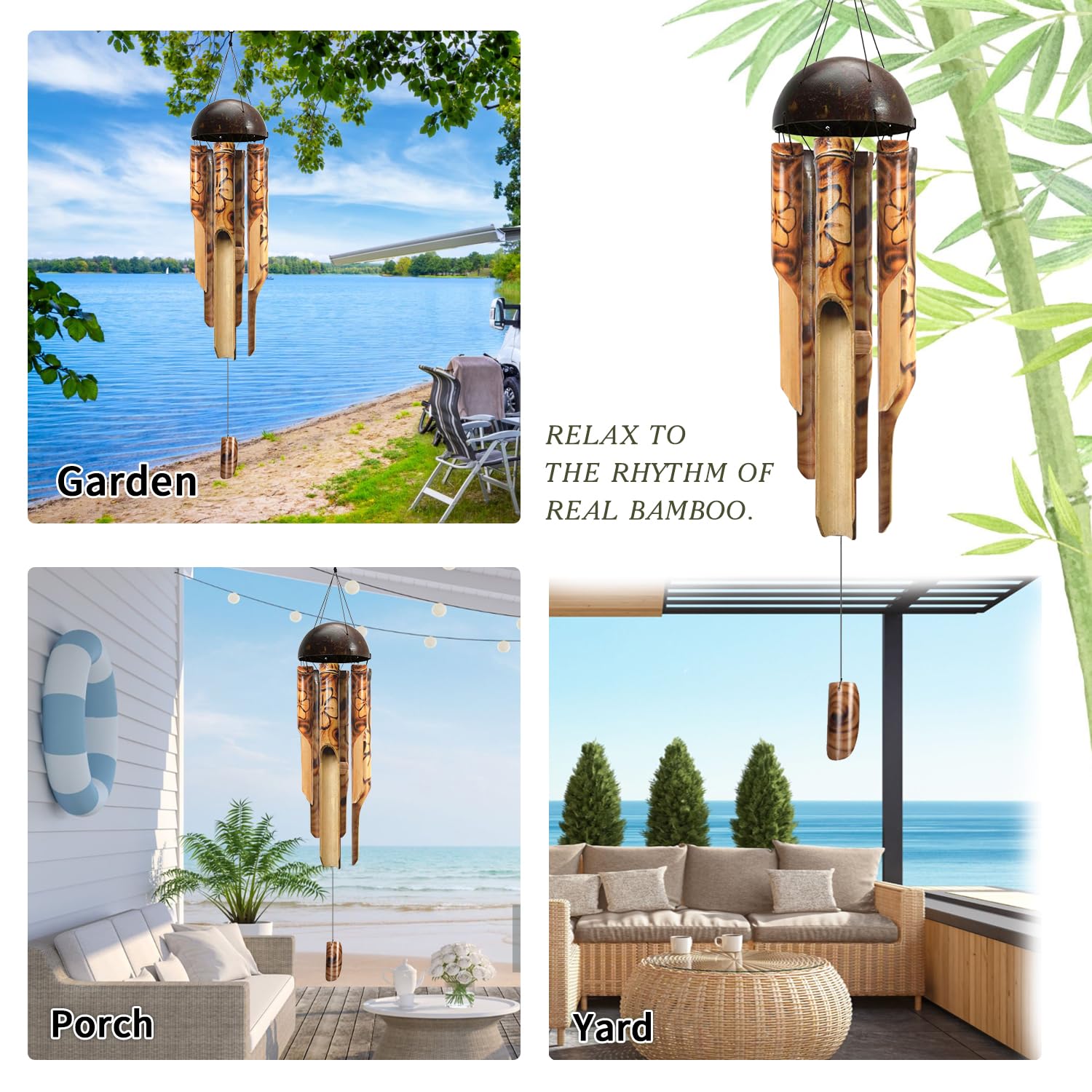 ASTARIN Bamboo Wind Chimes for Outside,Handcrafted Wooden Wind Chimes for Outside with Coconut Crown, Floral Burned Design Bamboo Windchimes for Garden,Yard,Home(35 Inch)