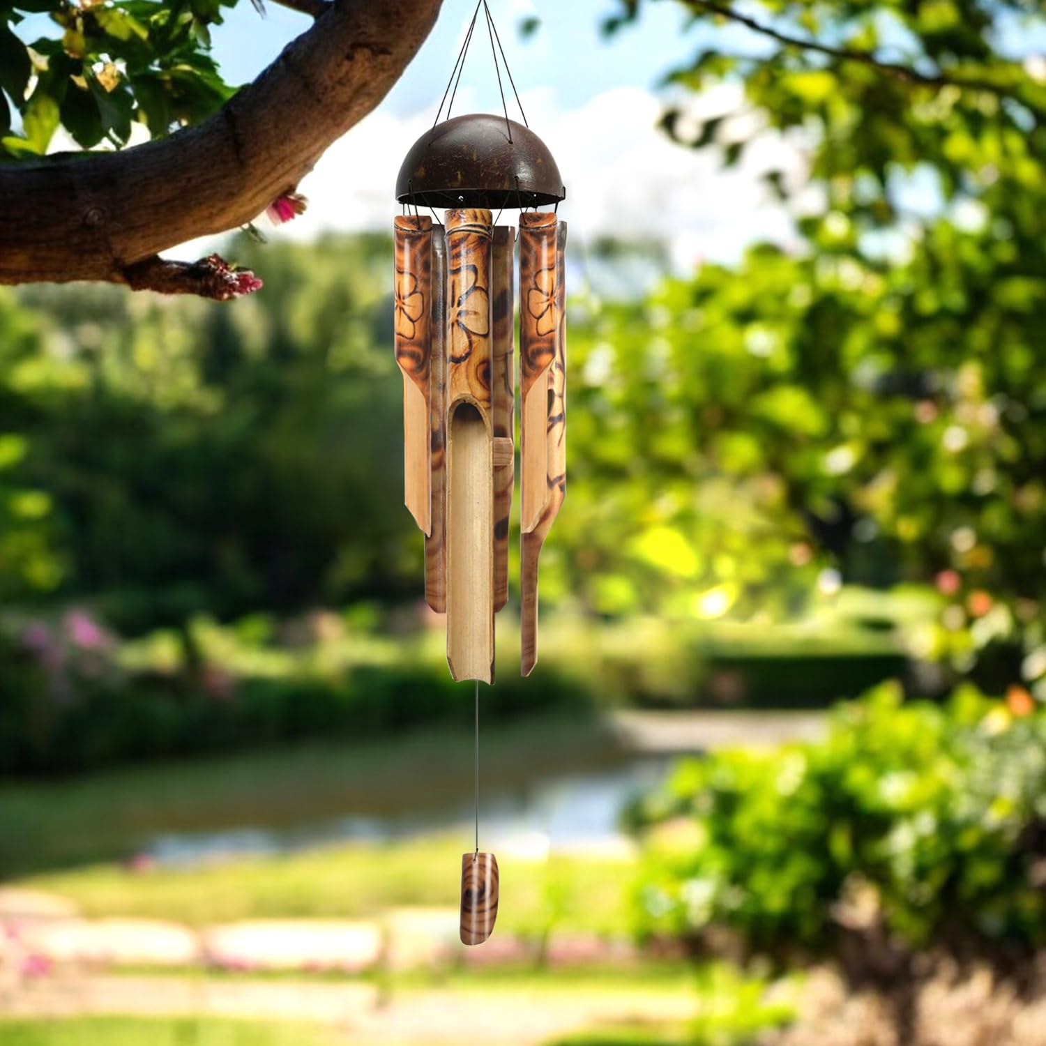 ASTARIN Bamboo Wind Chimes for Outside,Handcrafted Wooden Wind Chimes for Outside with Coconut Crown, Floral Burned Design Bamboo Windchimes for Garden,Yard,Home(35 Inch)