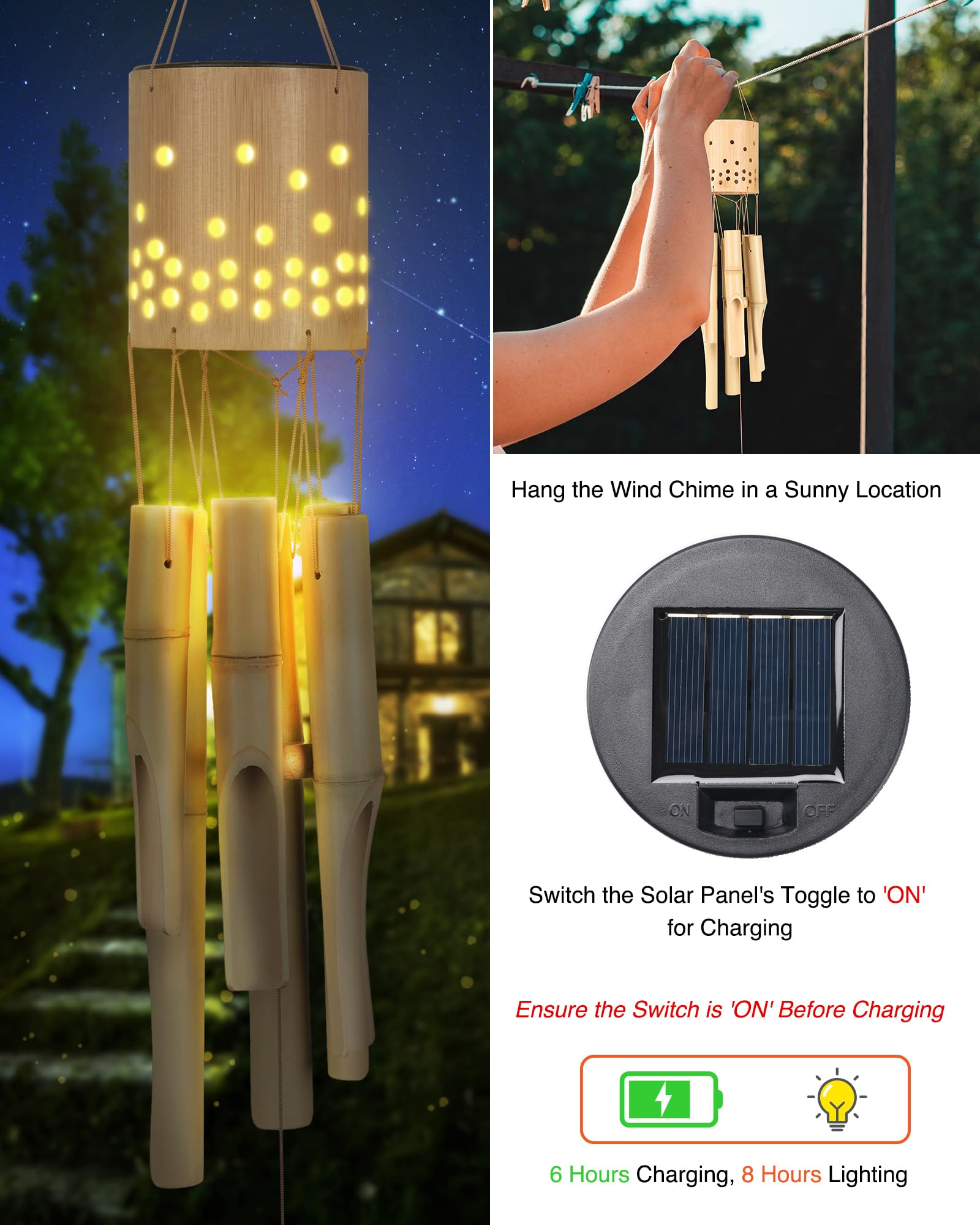 Bamboo Wind Chimes for Outside with Solar Accent Light, Outdoor Wooden Wind Chimes, 6 Bamboo Tubes, Deep Tone, Perfect for Patio, Garden, Porch, and Balcony Decor