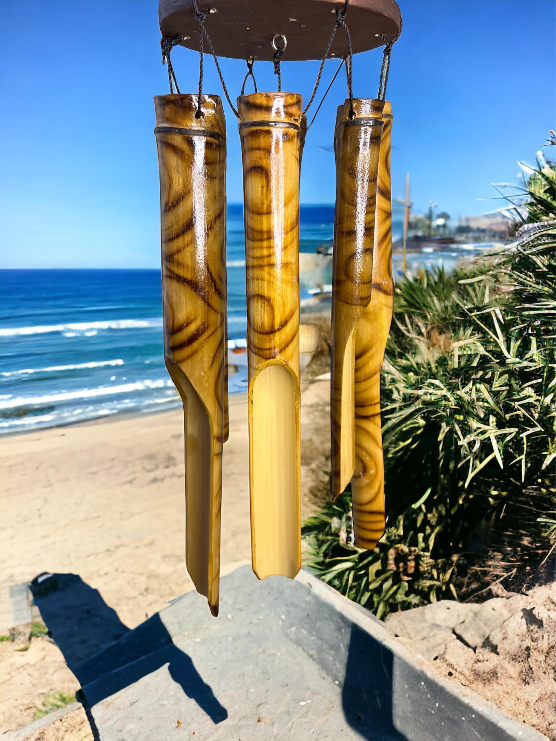 Coconut/Palm Tree Windchime – Large Rustic Tropical Bamboo & Wood with Unique Spiral Finished Chimes – Relaxing Calming Deep Tones