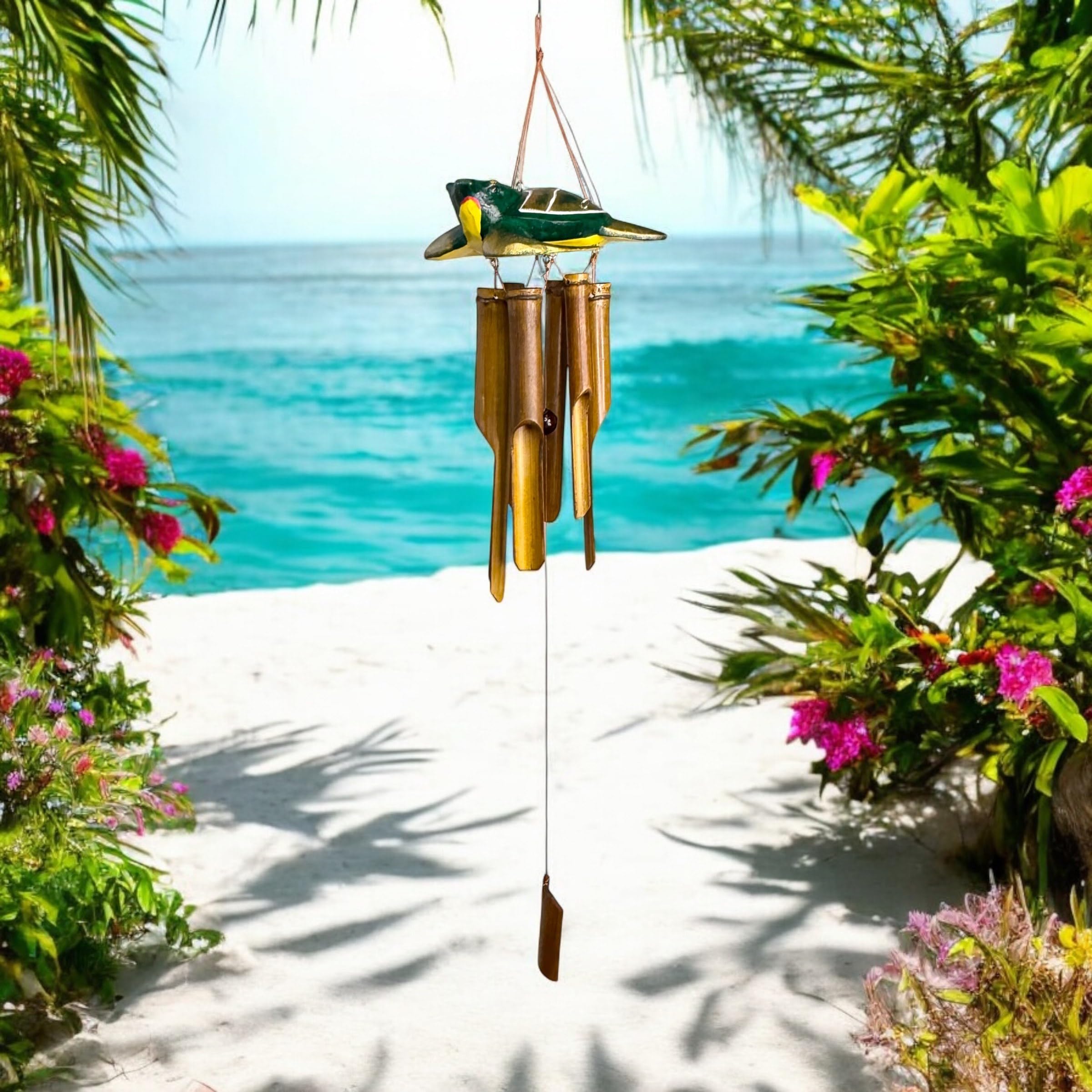 Whimsical Sea Turtle Bamboo and Wood Windchime – Outdoor Decorative Wind Chime – Funky Green Turtle Topper – Natural Calming Relaxing Sound