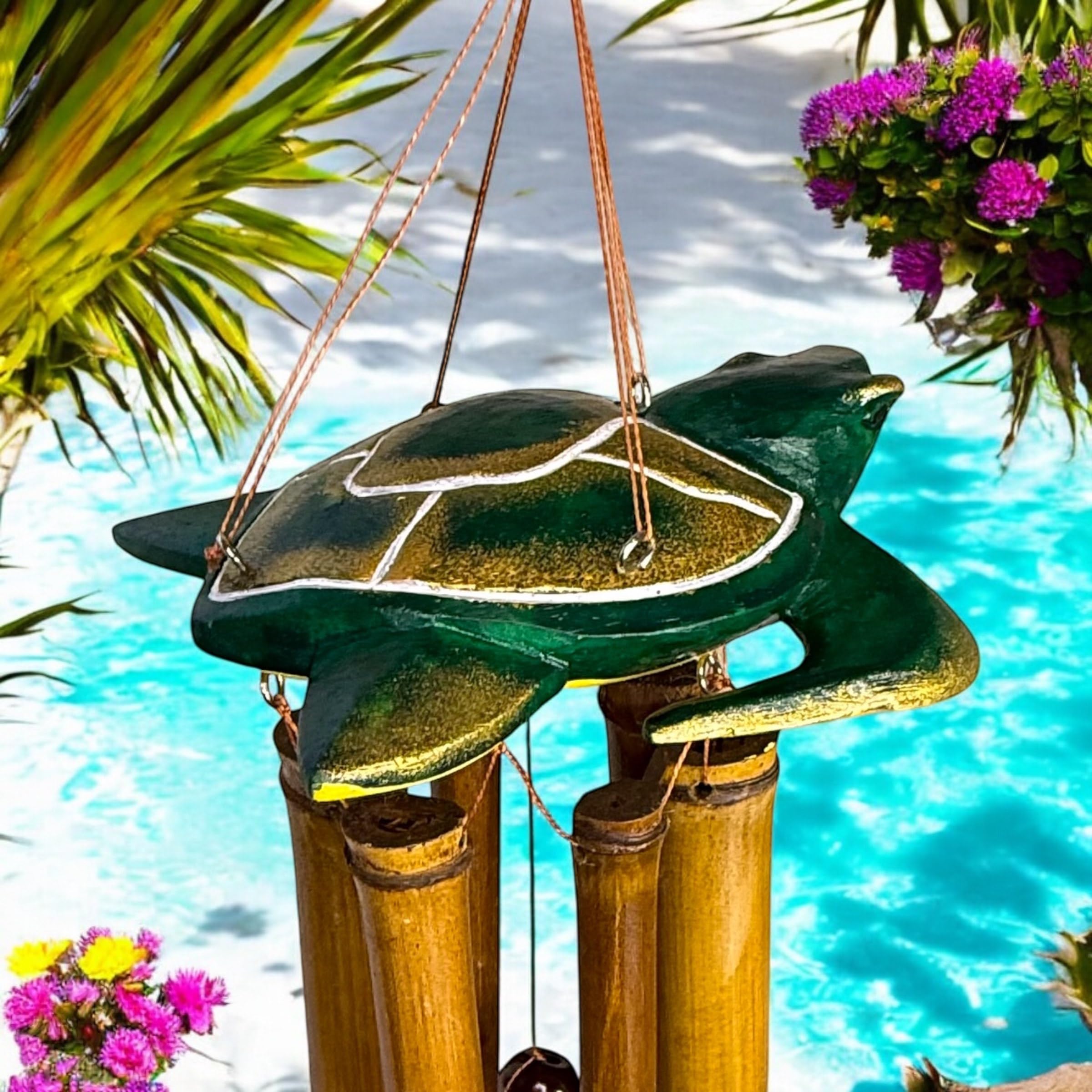 Whimsical Sea Turtle Bamboo and Wood Windchime – Outdoor Decorative Wind Chime – Funky Green Turtle Topper – Natural Calming Relaxing Sound