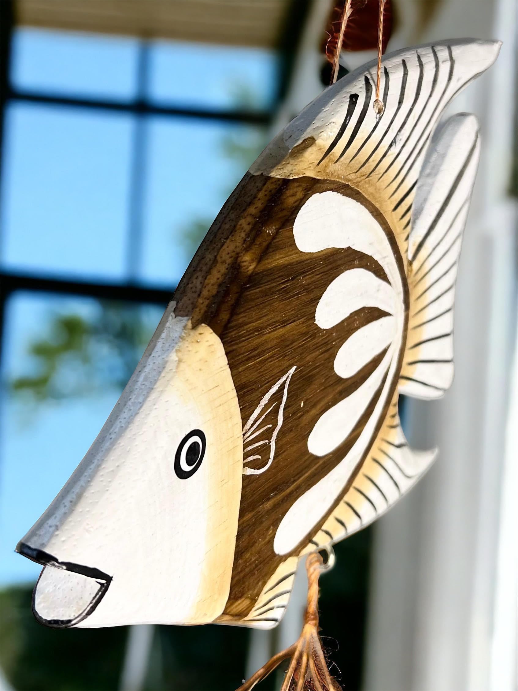 Tropical Fish Windchime – Bamboo & Wood Hanging Outdoor Garden Décor – Relaxing Calming Deep Tones