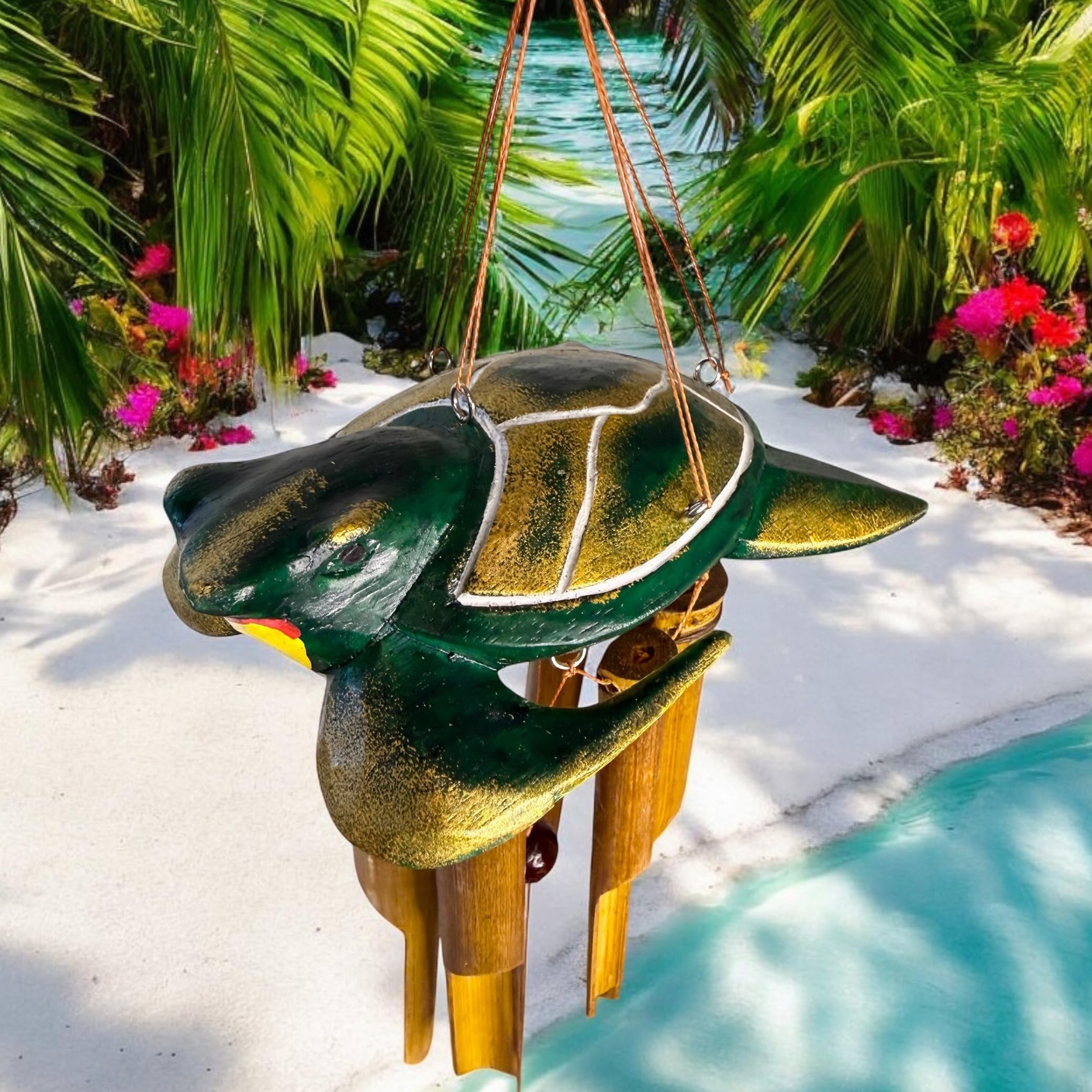 Whimsical Sea Turtle Bamboo and Wood Windchime – Outdoor Decorative Wind Chime – Funky Green Turtle Topper – Natural Calming Relaxing Sound