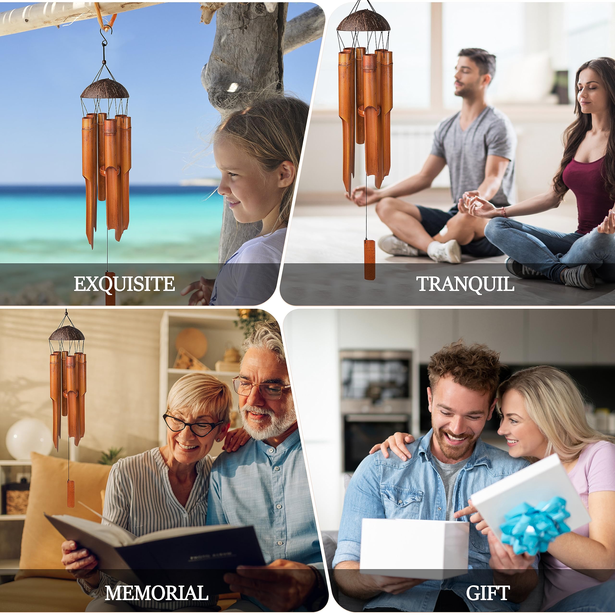 38" Bamboo Wind Chimes 6 Pipes, Handcrafted Bamboo Wind Chime Bring a Unique and Soothing Melody, Create a Zen Atmosphere for Outdoor Indoor Decor, for Sympathy, Memorial