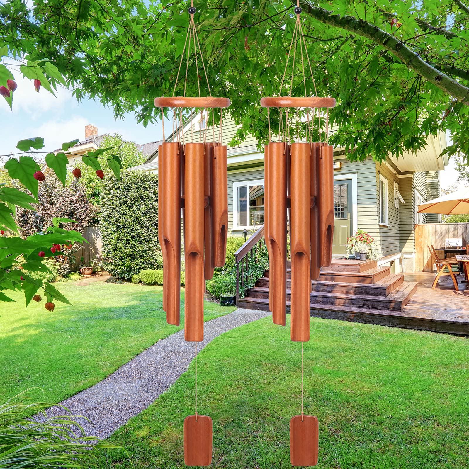 Vinsot 2 Pieces Bamboo Wind Chimes for Outside 30 Inches Wooden Classic Zen Rustic Chimes Deep Tone with Wind Catcher for Relaxation Patio Garden Indoor (Classic Bamboo)