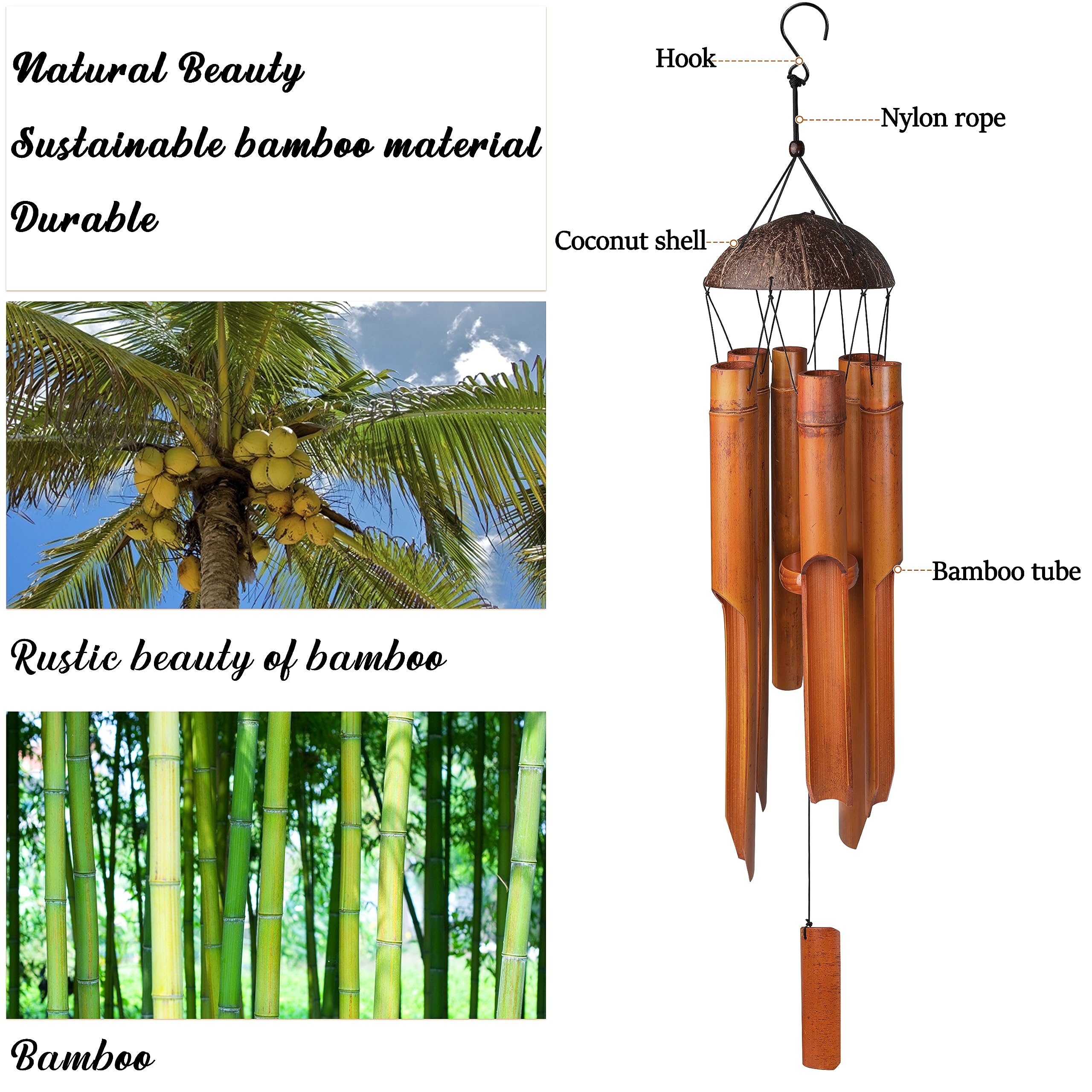 38" Bamboo Wind Chimes 6 Pipes, Handcrafted Bamboo Wind Chime Bring a Unique and Soothing Melody, Create a Zen Atmosphere for Outdoor Indoor Decor, for Sympathy, Memorial