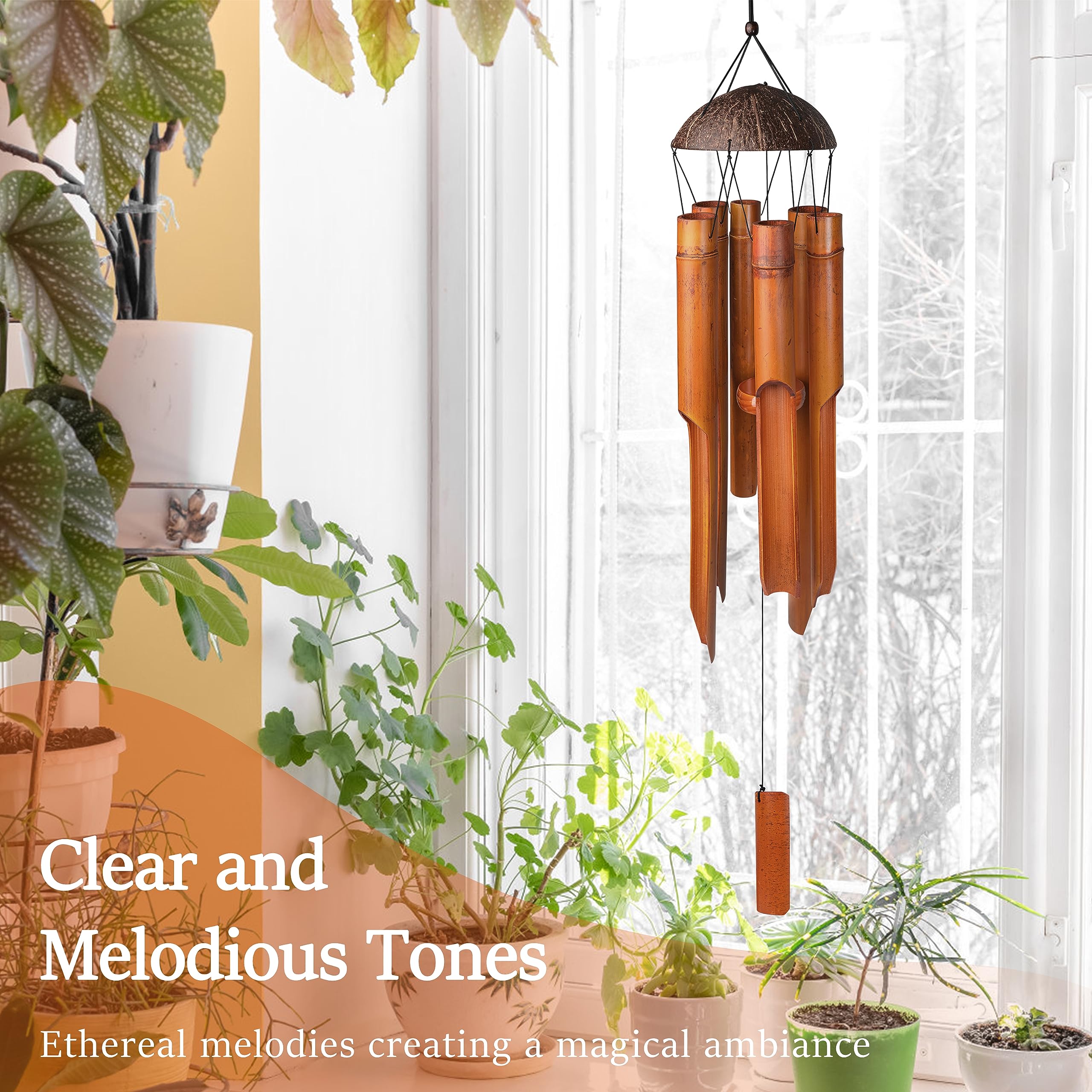 38" Bamboo Wind Chimes 6 Pipes, Handcrafted Bamboo Wind Chime Bring a Unique and Soothing Melody, Create a Zen Atmosphere for Outdoor Indoor Decor, for Sympathy, Memorial