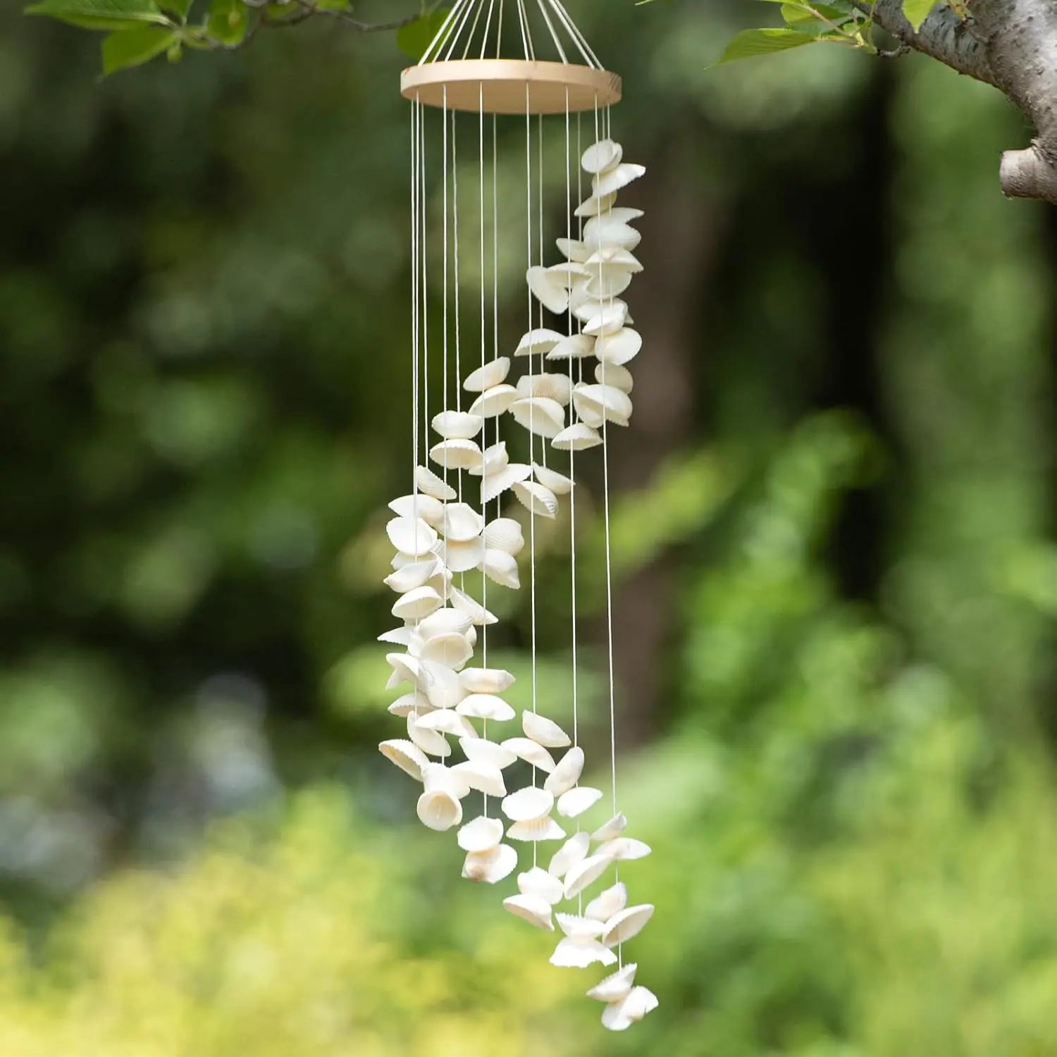 White Seashells Wind Chimes for Outside, Handmade Spiral Shape Beach Style Shells Windchime for Patio and Garden Hanging Decor