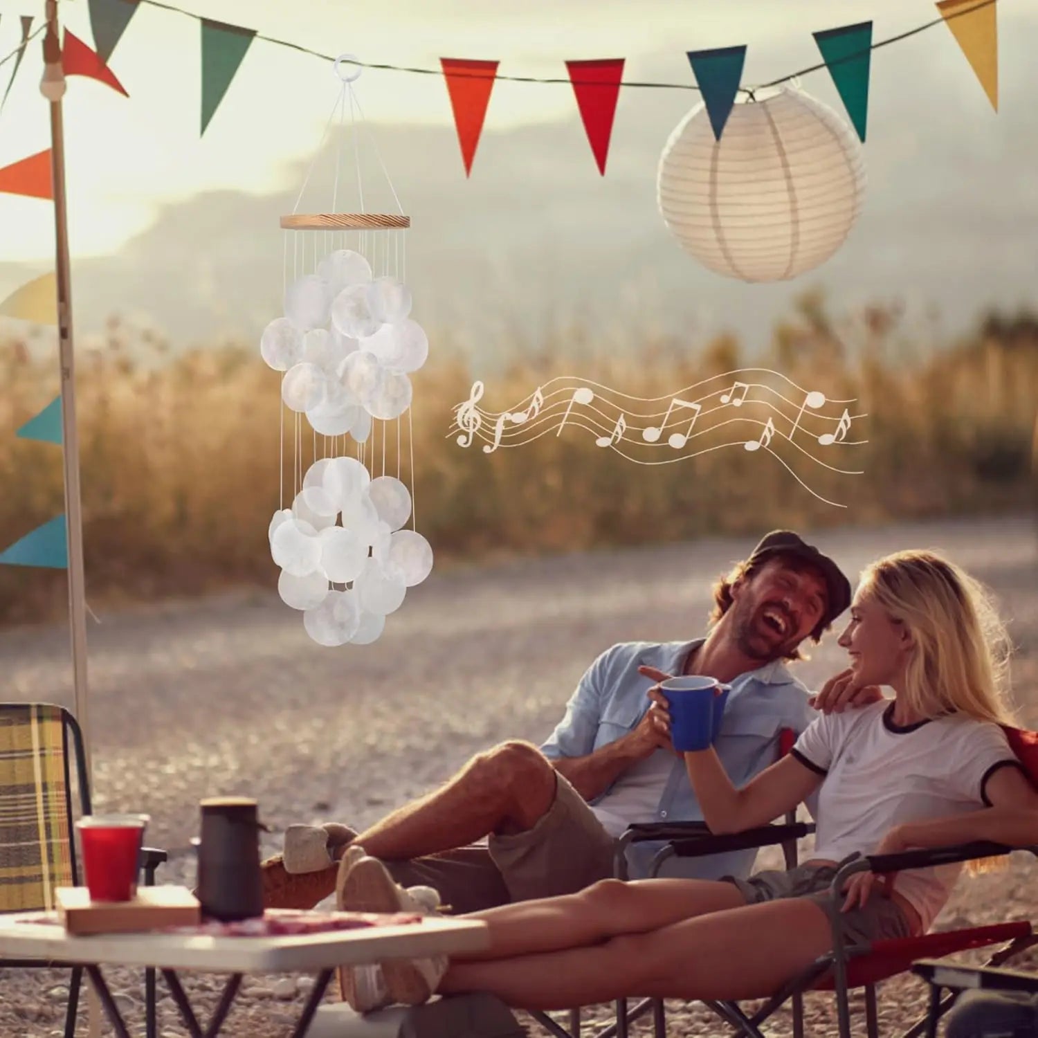 Seashell Wind Chimes for Outside - Handcrafted White Moon Shape Capiz Shells Windchime Bohemian & Coastal Style Decor