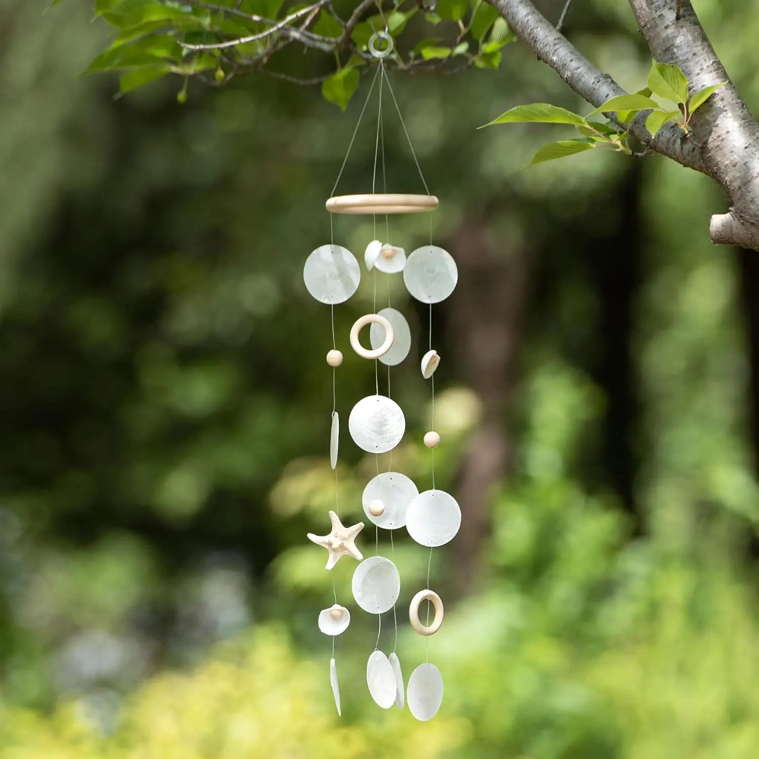 Sea Shells Wind Chimes - Handcrafted White Capiz Shells Windchime with Starfish, Coastal Style Decor for Indoor/Outdoors