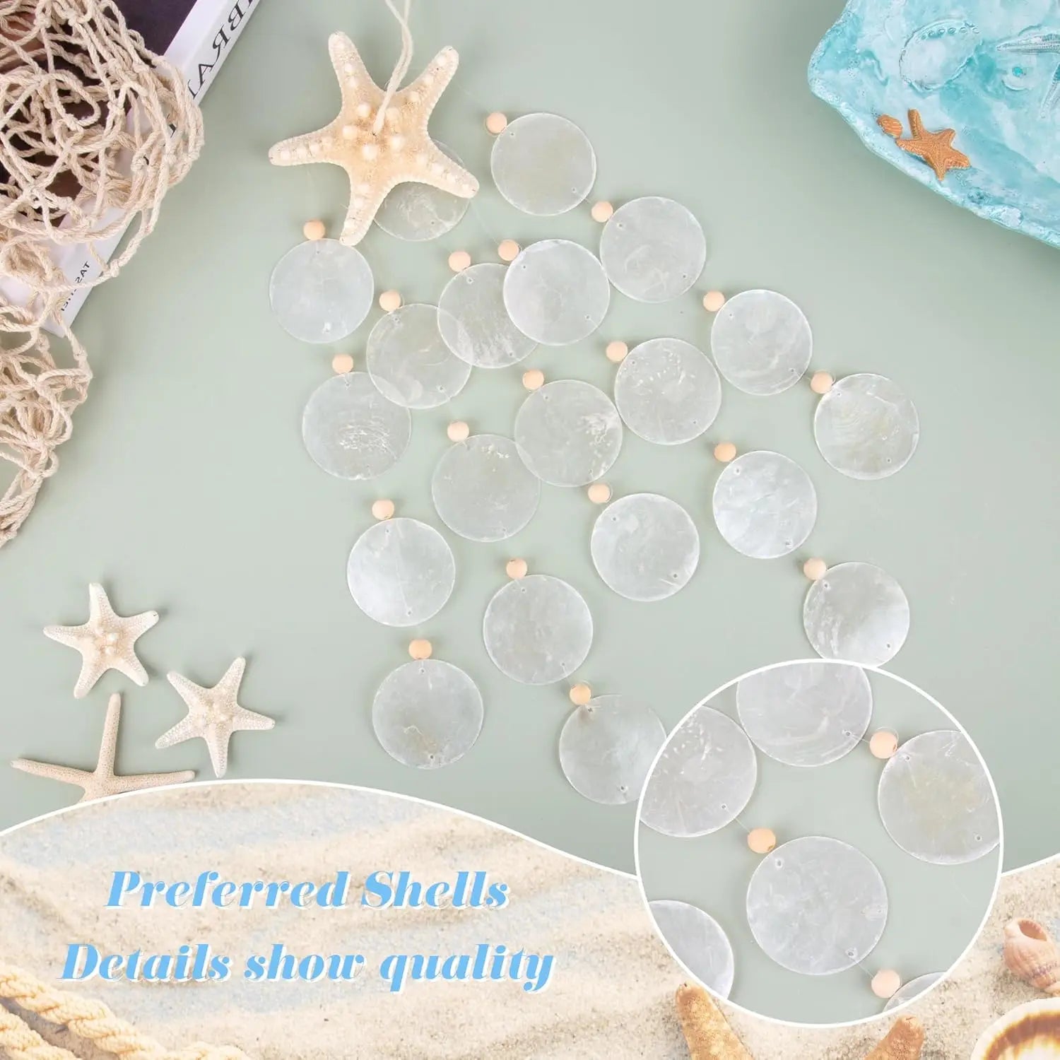 Seashell Wind Chimes for Outside - Handcrafted White Moon Shape Capiz Shells Windchime Bohemian & Coastal Style Decor