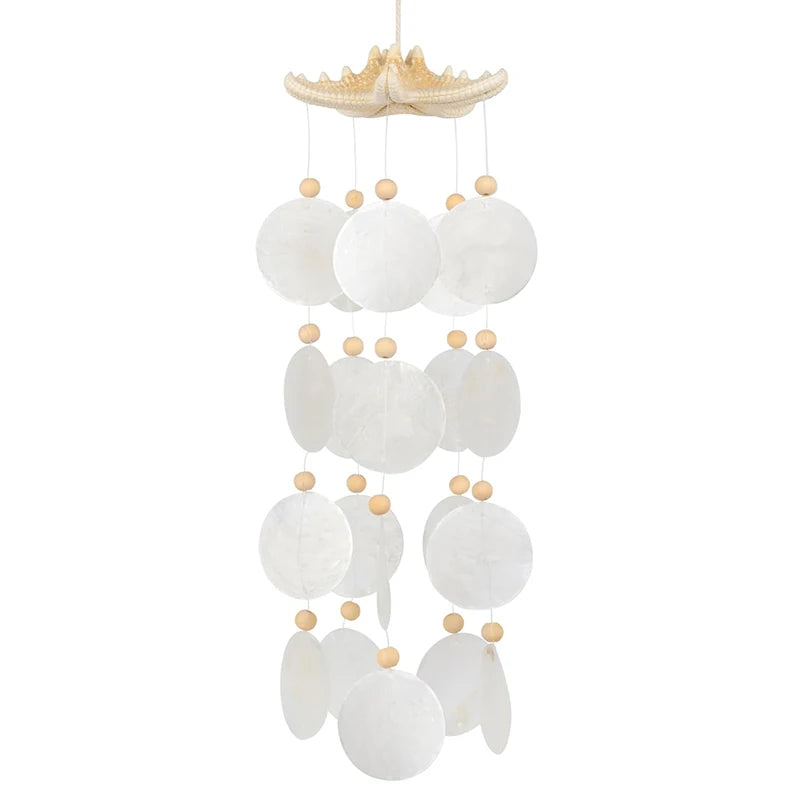 Seashell Wind Chimes for Outside - Handcrafted White Moon Shape Capiz Shells Windchime Bohemian & Coastal Style Decor