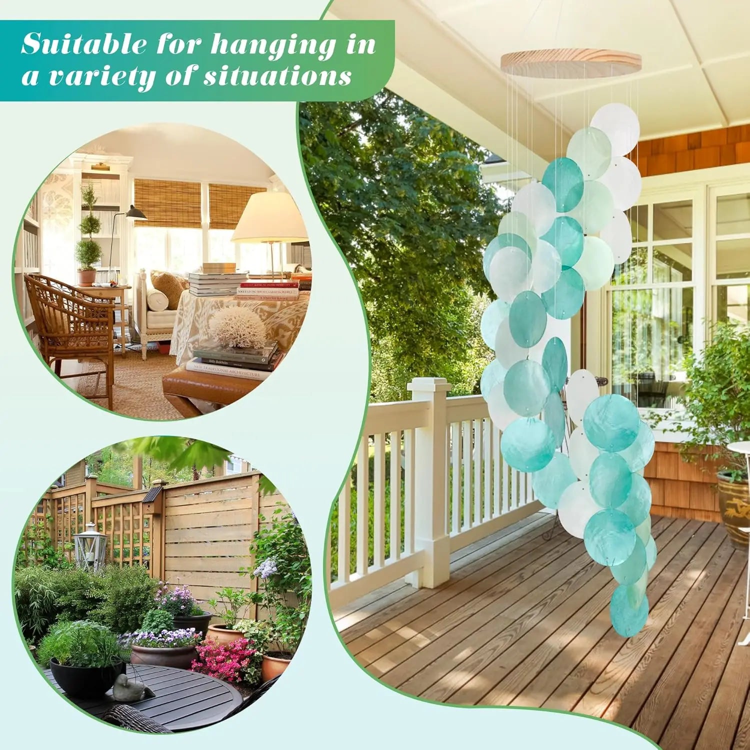 Seashell Wind Chimes for Outside - Handcrafted Spiral Shape Capiz Shells Windchime Coastal Style Decor