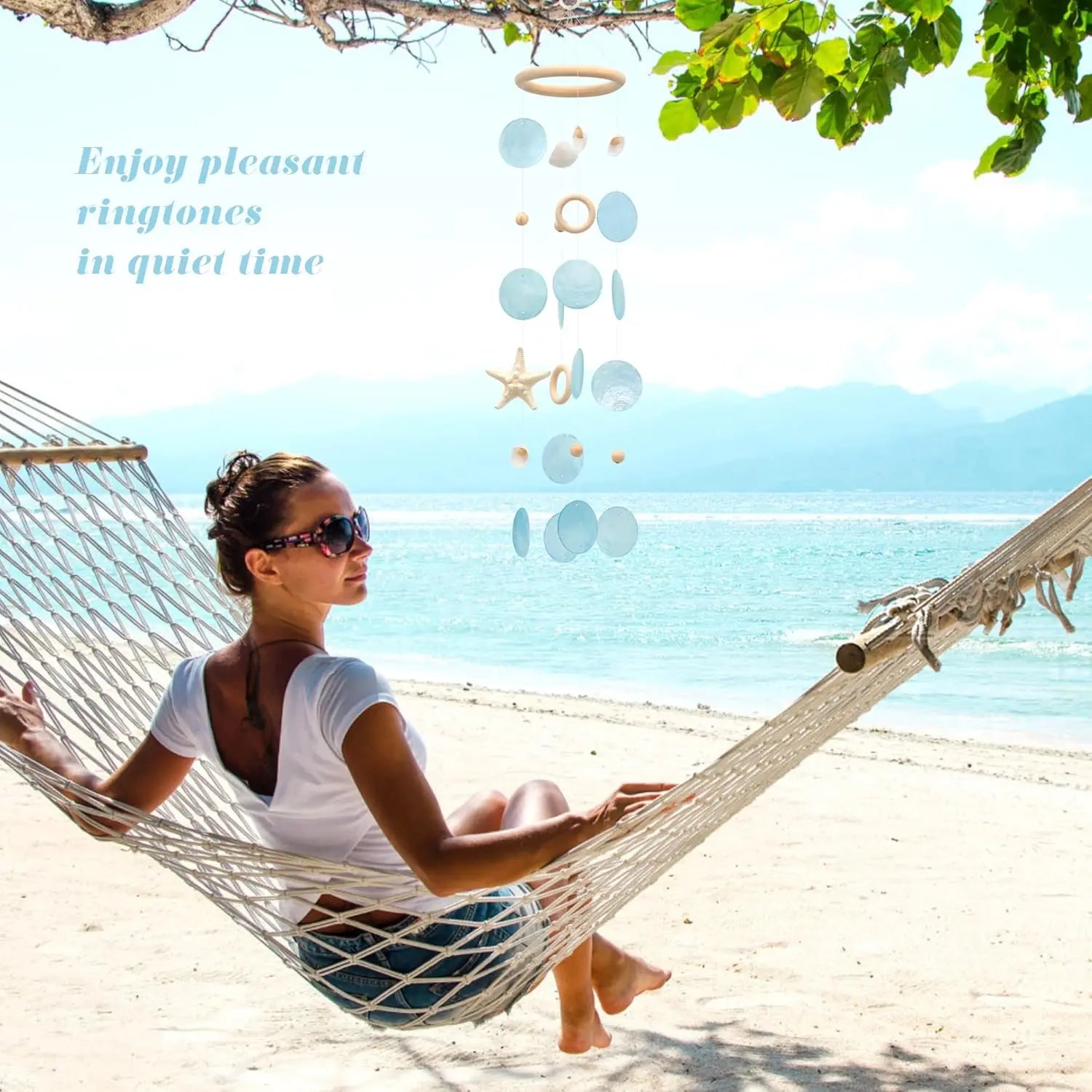 Sea Shells Wind Chimes - Handcrafted Blue Capiz Shells Windchime with Starfish, Coastal Style Decor for Indoor/Outdoors