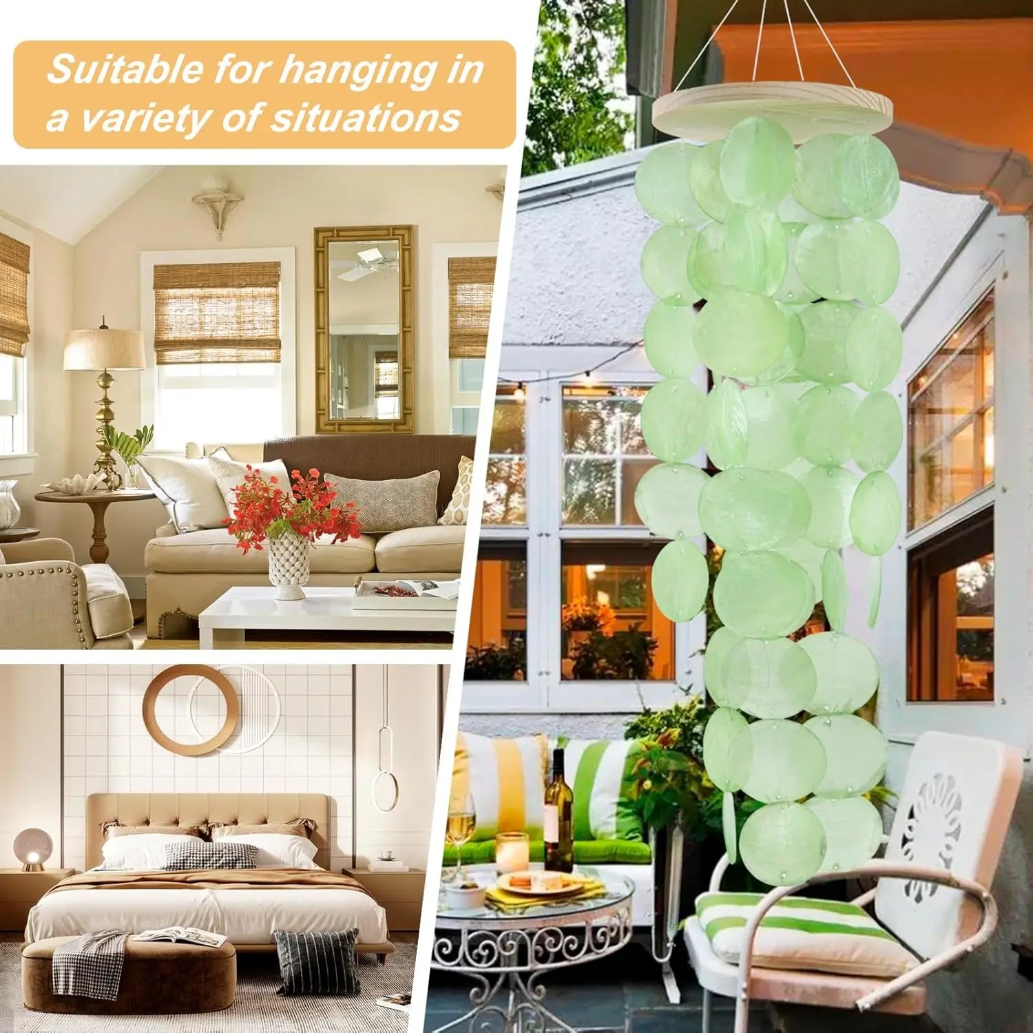 Wind Chimes for Outside, Handcrafted Green Capiz Shells Windchime Coastal Style Decor for Indoor/Outdoors