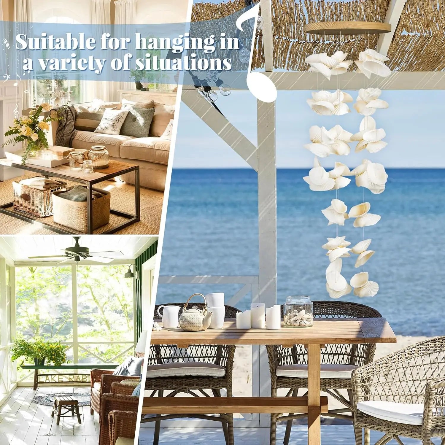 White Sea Shell Wind Chimes for Outside, Handmade Beach Style Windchime for Patio and Garden Decor,