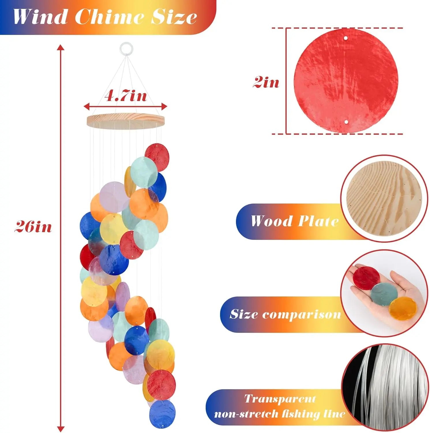 Seashell Wind Chimes for Outside Handcrafted Colorful Spiral Shape Capiz Shells Windchime Coastal Style Decor for Outdoors