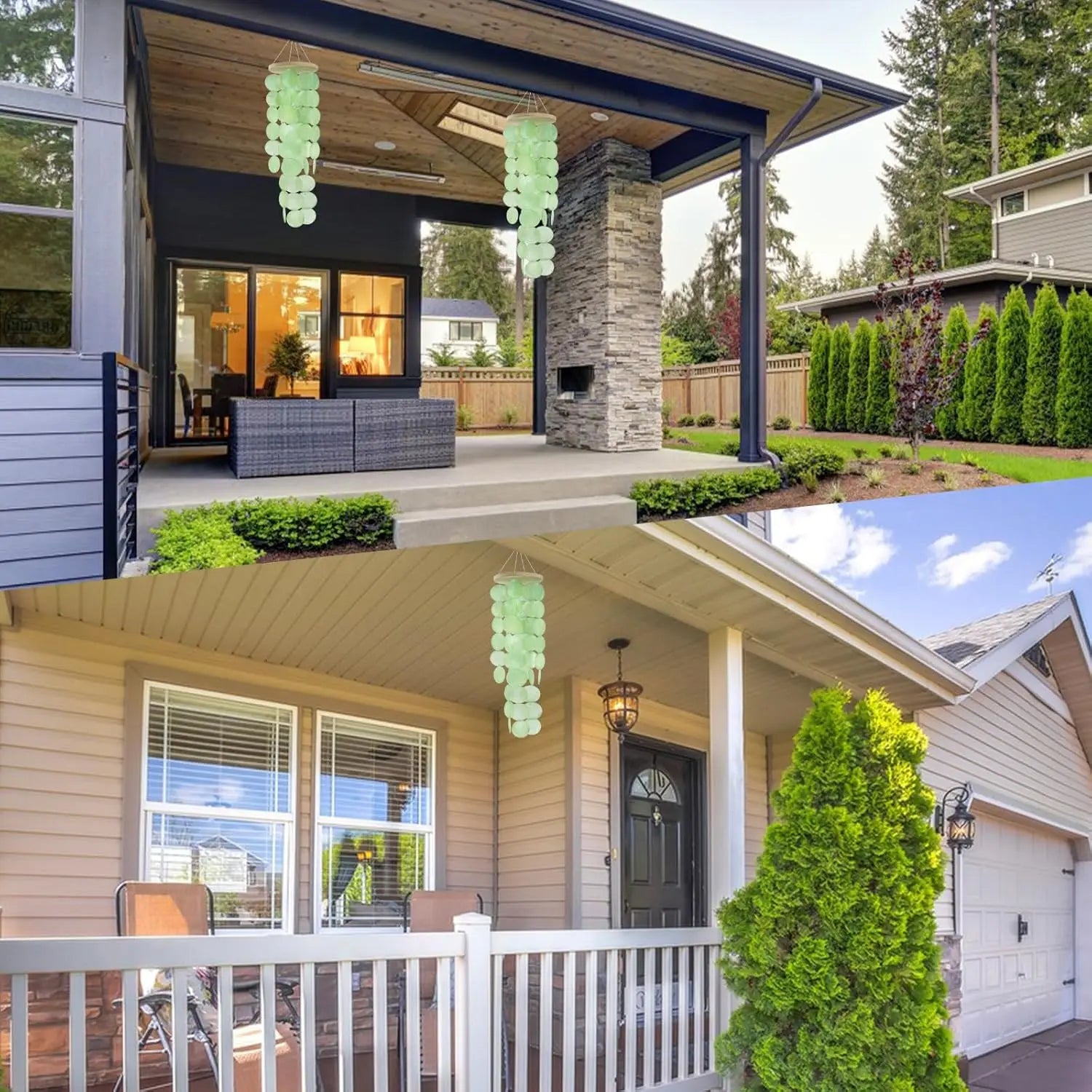 Wind Chimes for Outside, Handcrafted Green Capiz Shells Windchime Coastal Style Decor for Indoor/Outdoors