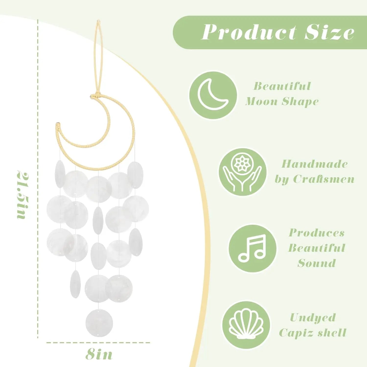 Seashell Wind Chimes for Outside - Handcrafted White Moon Shape Capiz Shells Windchime Bohemian & Coastal Style Decor