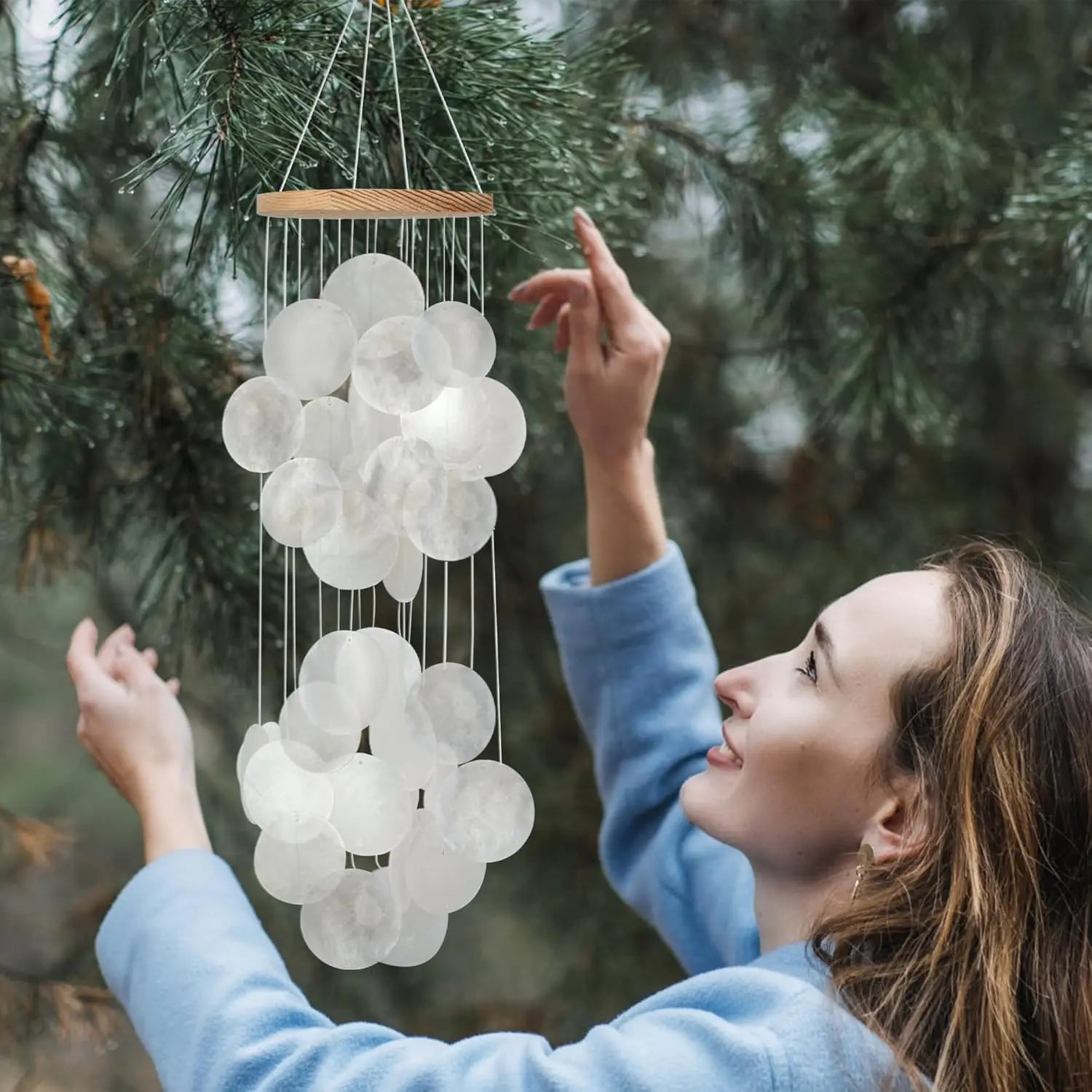 Seashell Wind Chimes for Outside - Handcrafted White Moon Shape Capiz Shells Windchime Bohemian & Coastal Style Decor